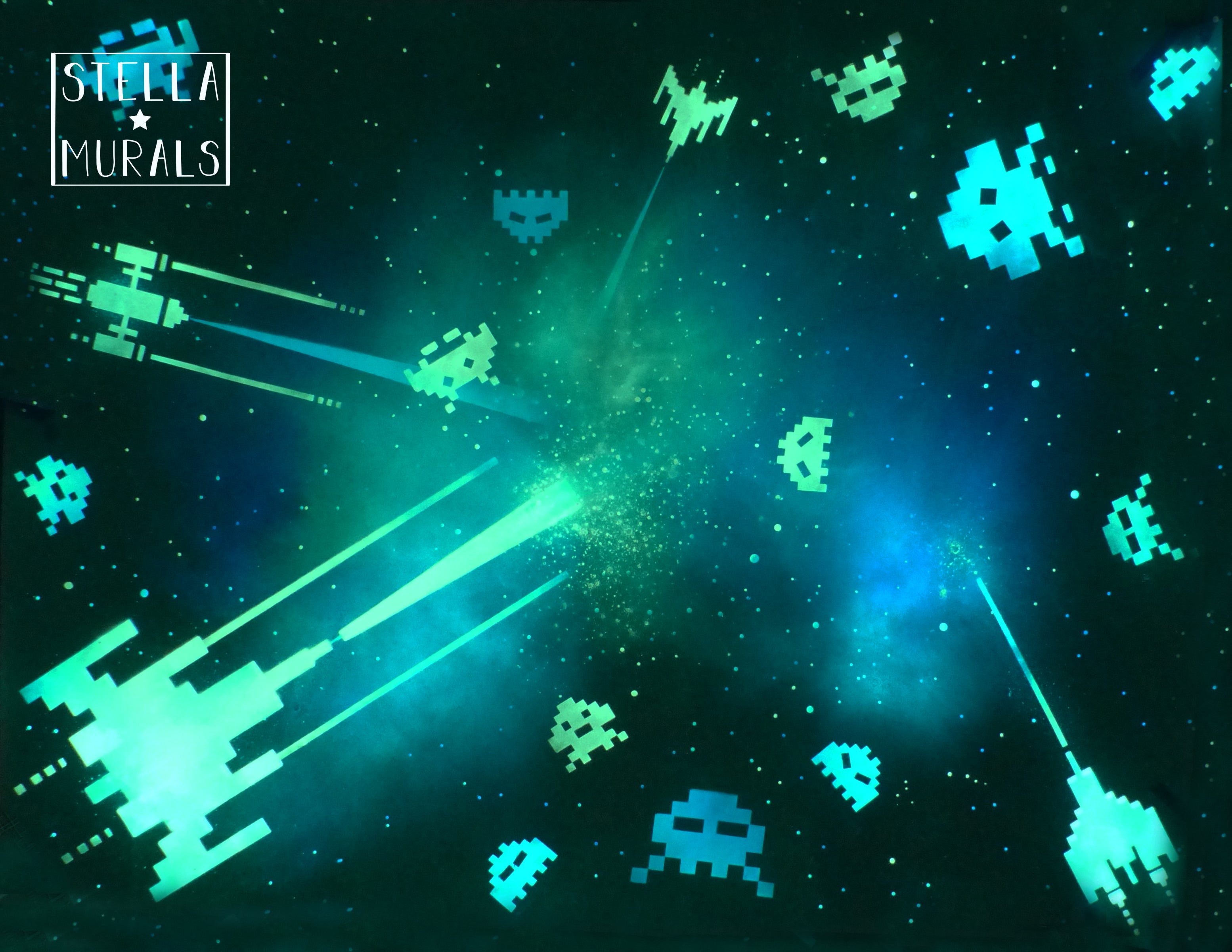 Glow in the dark space invaders mural art. Designed in new zealand.