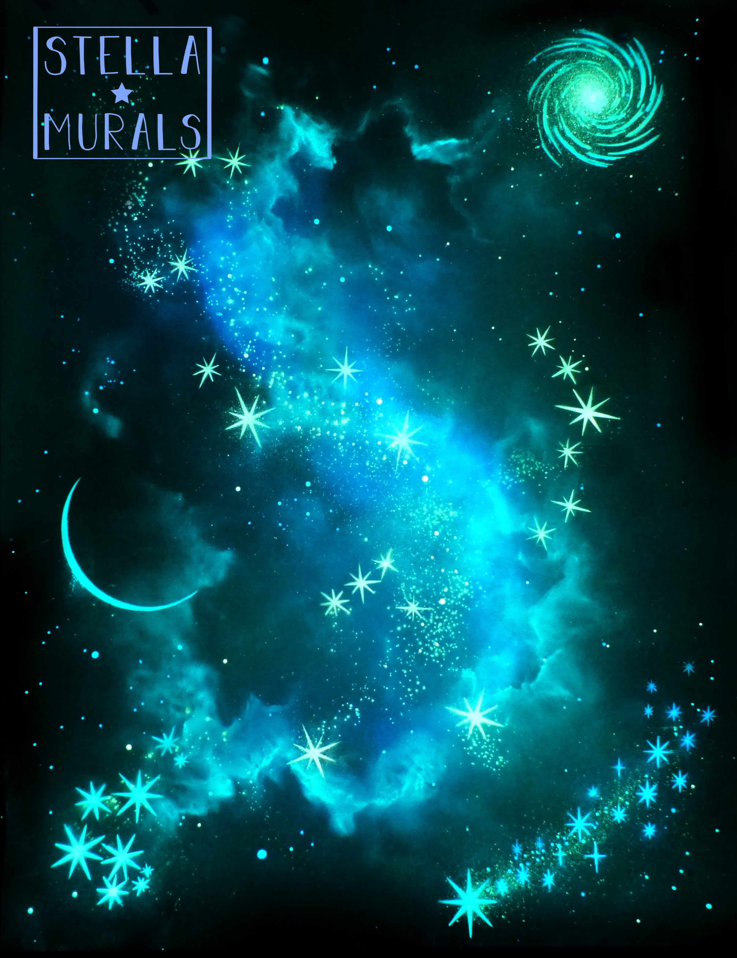 Glow in the dark mural of the constellation Orion with spiral galaxy, Pleiades (Matariki) star cluster, crescent Moon and comet.
