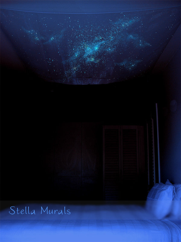 Glow in the dark star ceiling canopy, designed and painted in New Zealand. Turns the dark bedroom ceiling into a glowing starry sky.