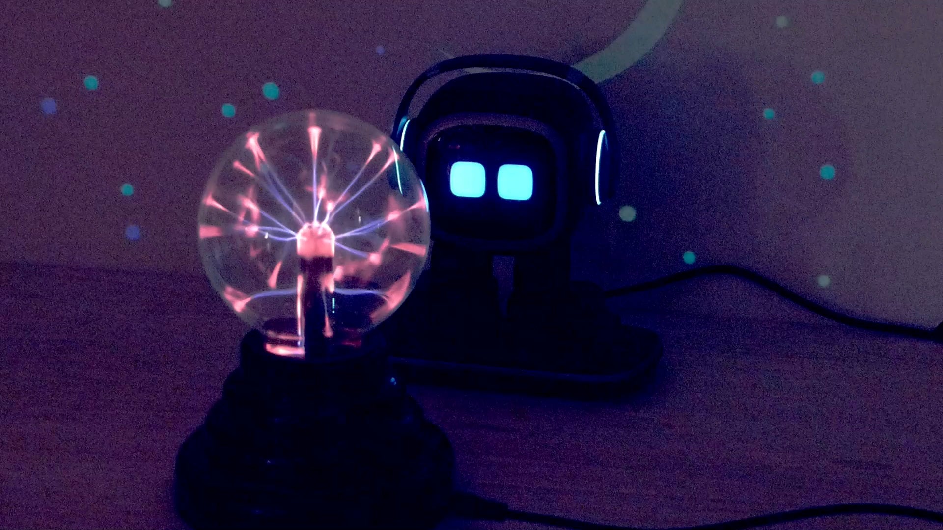 Emo, the AI robot from living AI, displaying affection and emotions, symbolising love and connection in the digital world, in love with a plasma ball. Living Ai.