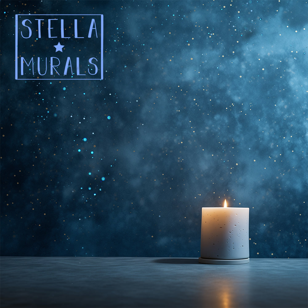 candle in front of wall with texture and realistic glow in the dark stars, realistic stickers for bedrooms