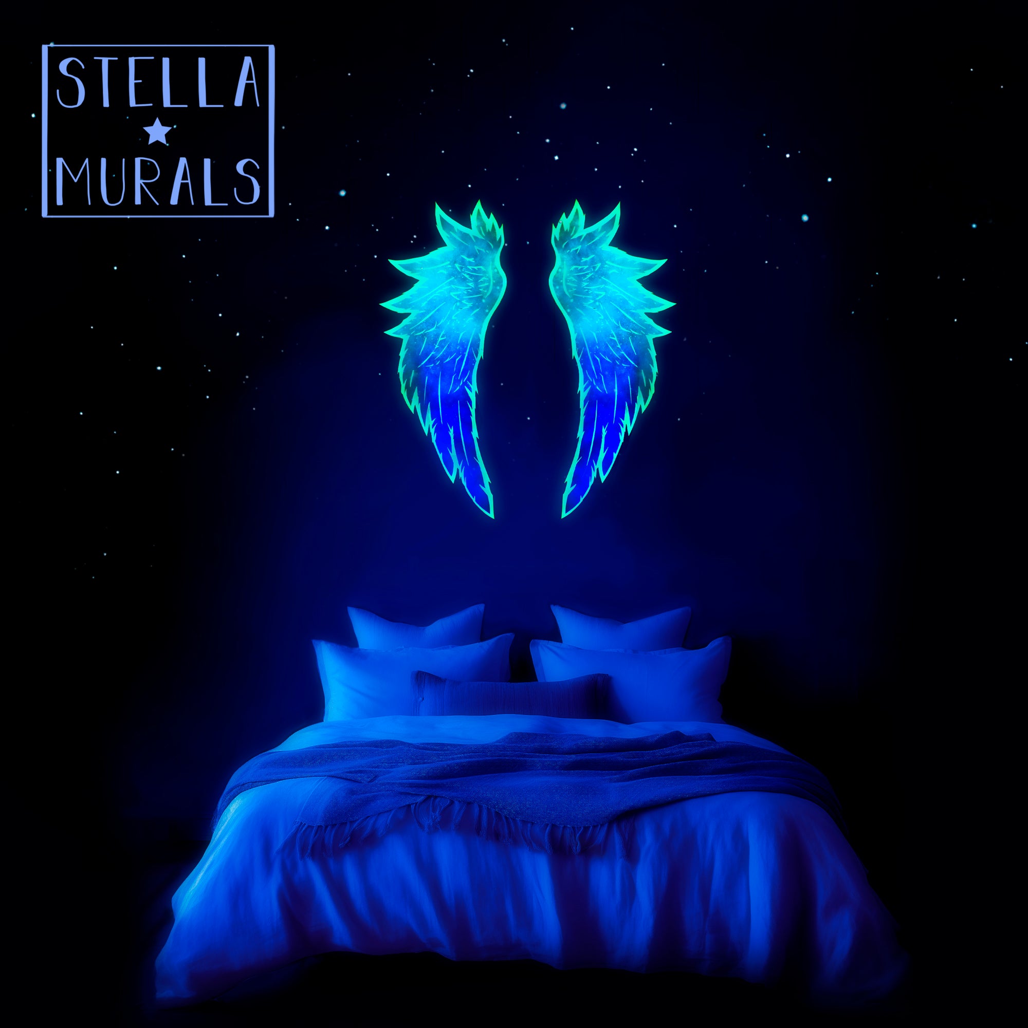glow in the dark angel wings in a night time bedroom, fantasy photoluminescent decals to turn your bedroom into a dreamy starry realm.