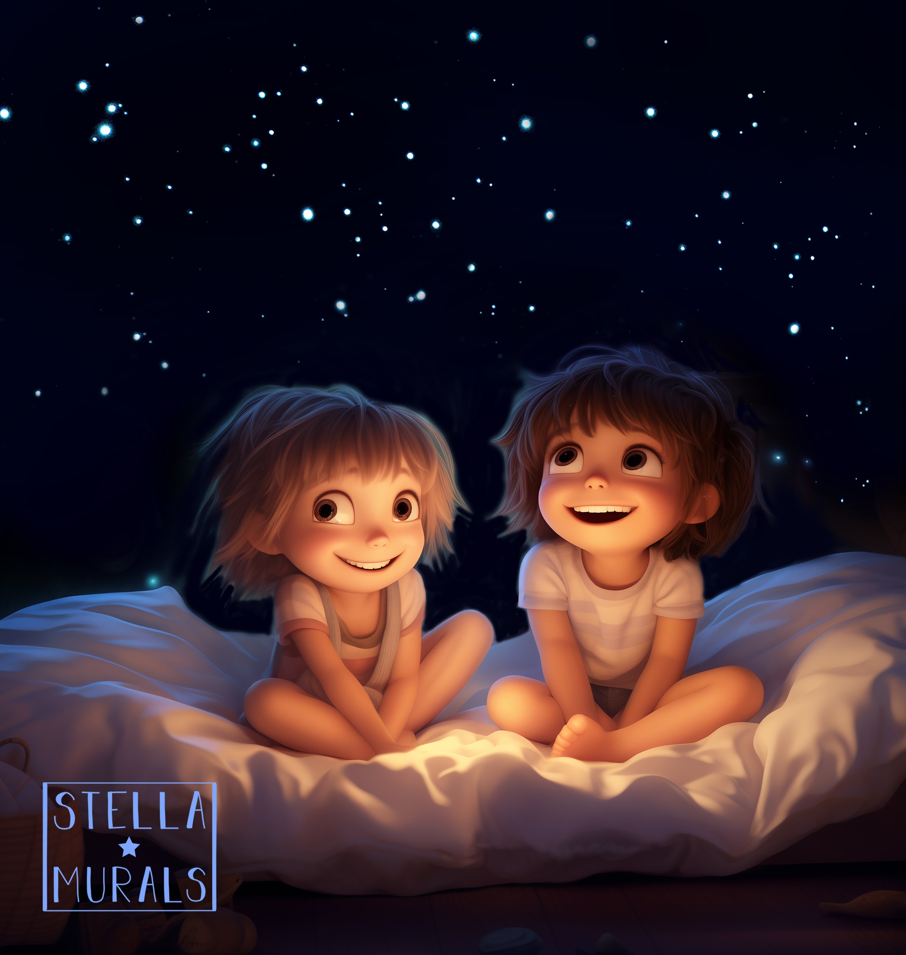 Two very cute little kids happily smiling at the glow in the dark star ceiling in their bedroom.