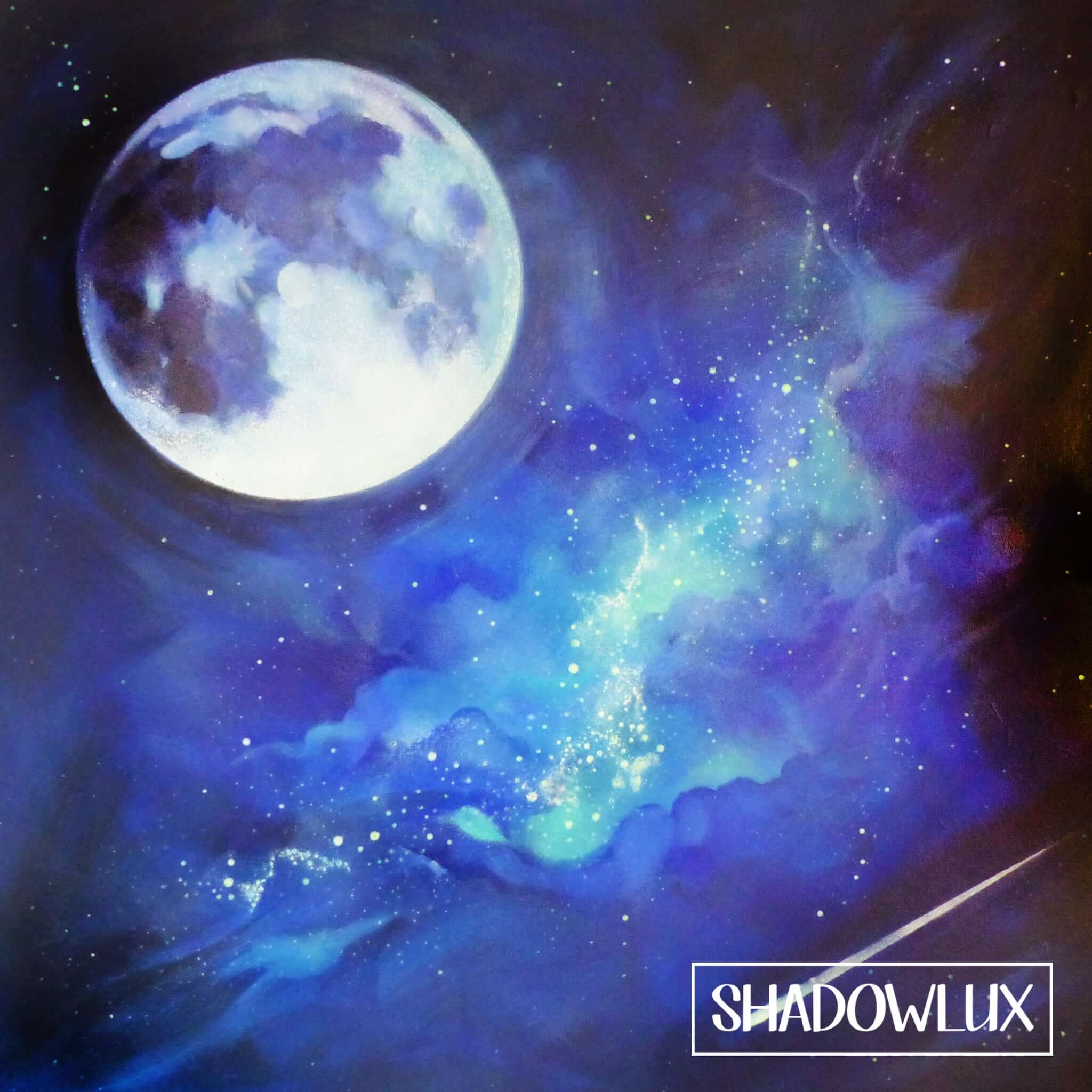 glowing shooting star and moon painting