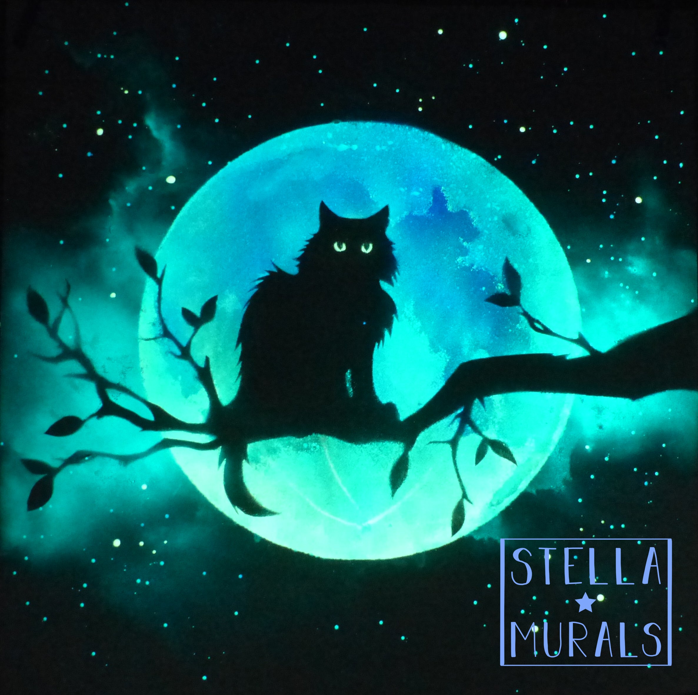 glow in the dark cat art with Moon