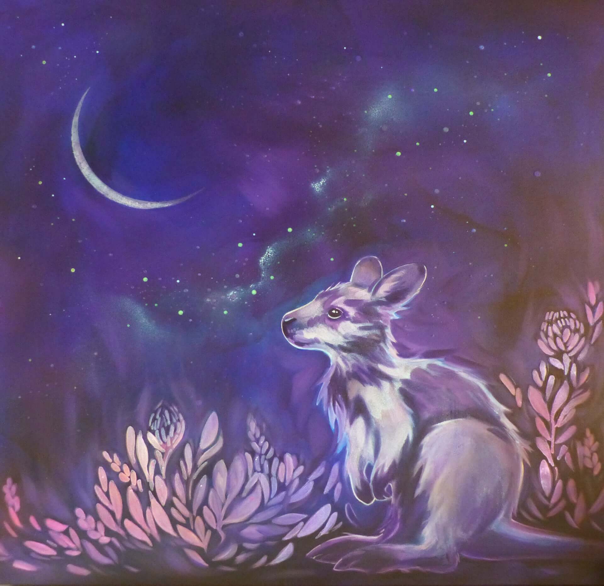 Glow in the dark Kangaroo and australian landscape with a starry sky and crescent moon.