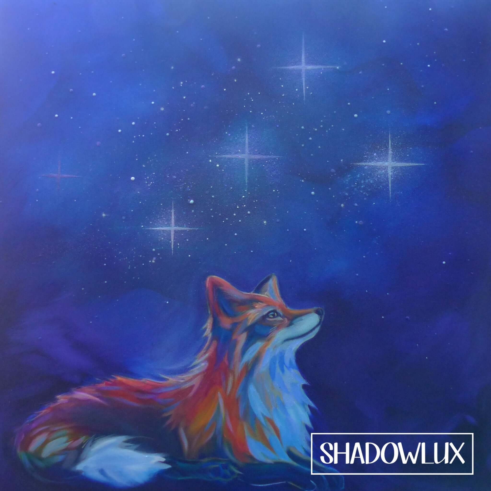 Colorful fox painting under a starry night sky with 'SHADOWLUX' branding.