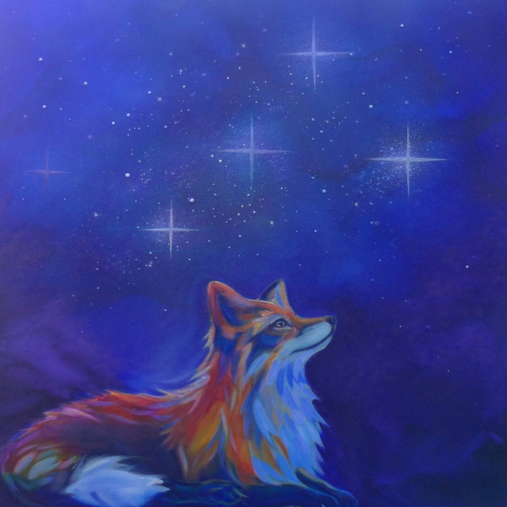 Colorful fox glow painting against a starry night sky