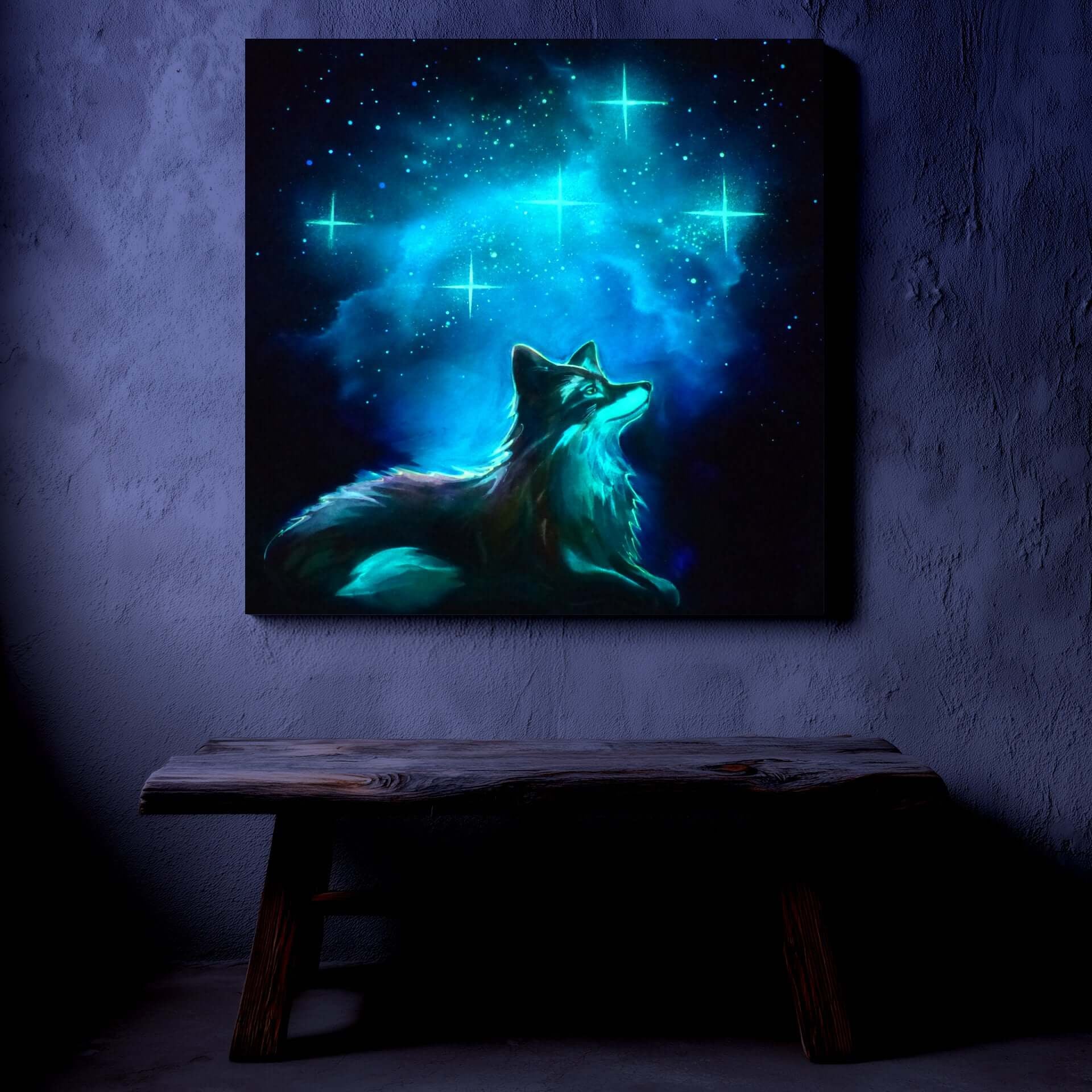 glow artwork of a fox against a starry night sky on a textured wall.
