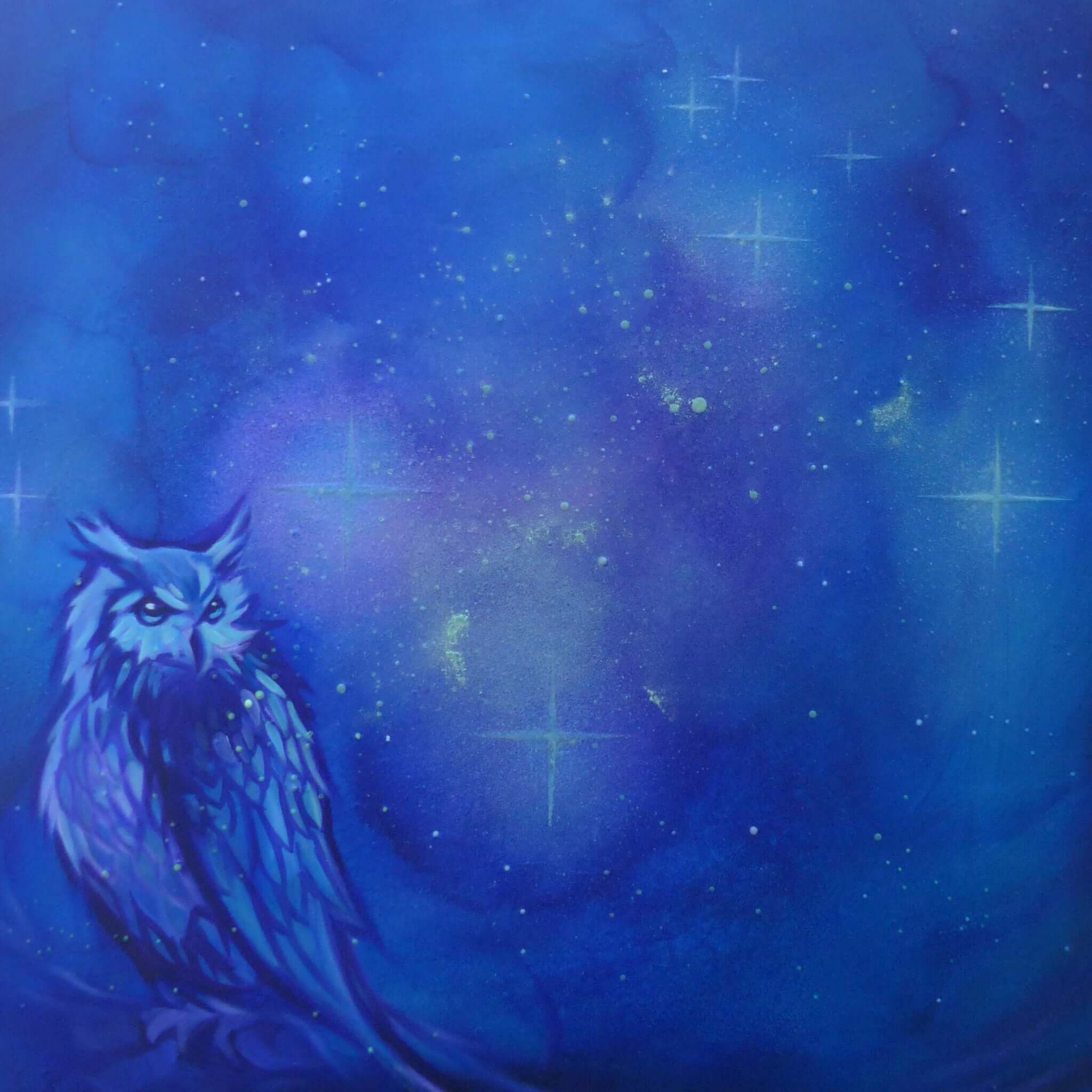 Owl glow painting against a starry night sky with blue and purple hues
