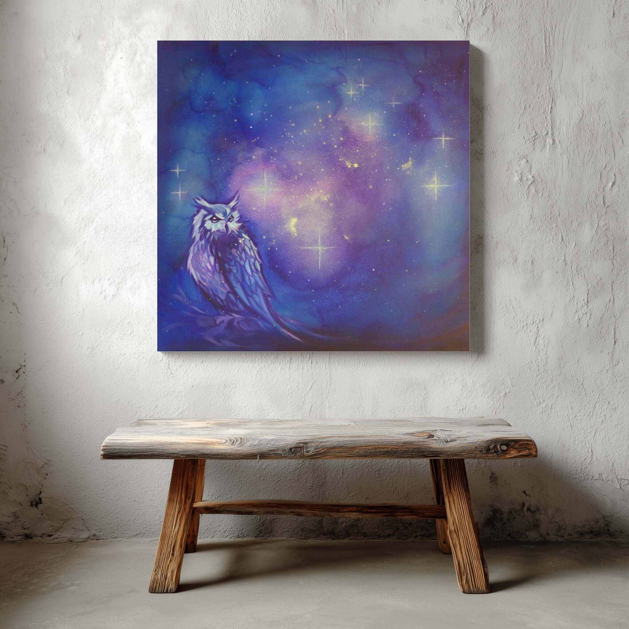 Painting of a glow in the dark owl in a starry night sky above a wooden bench.