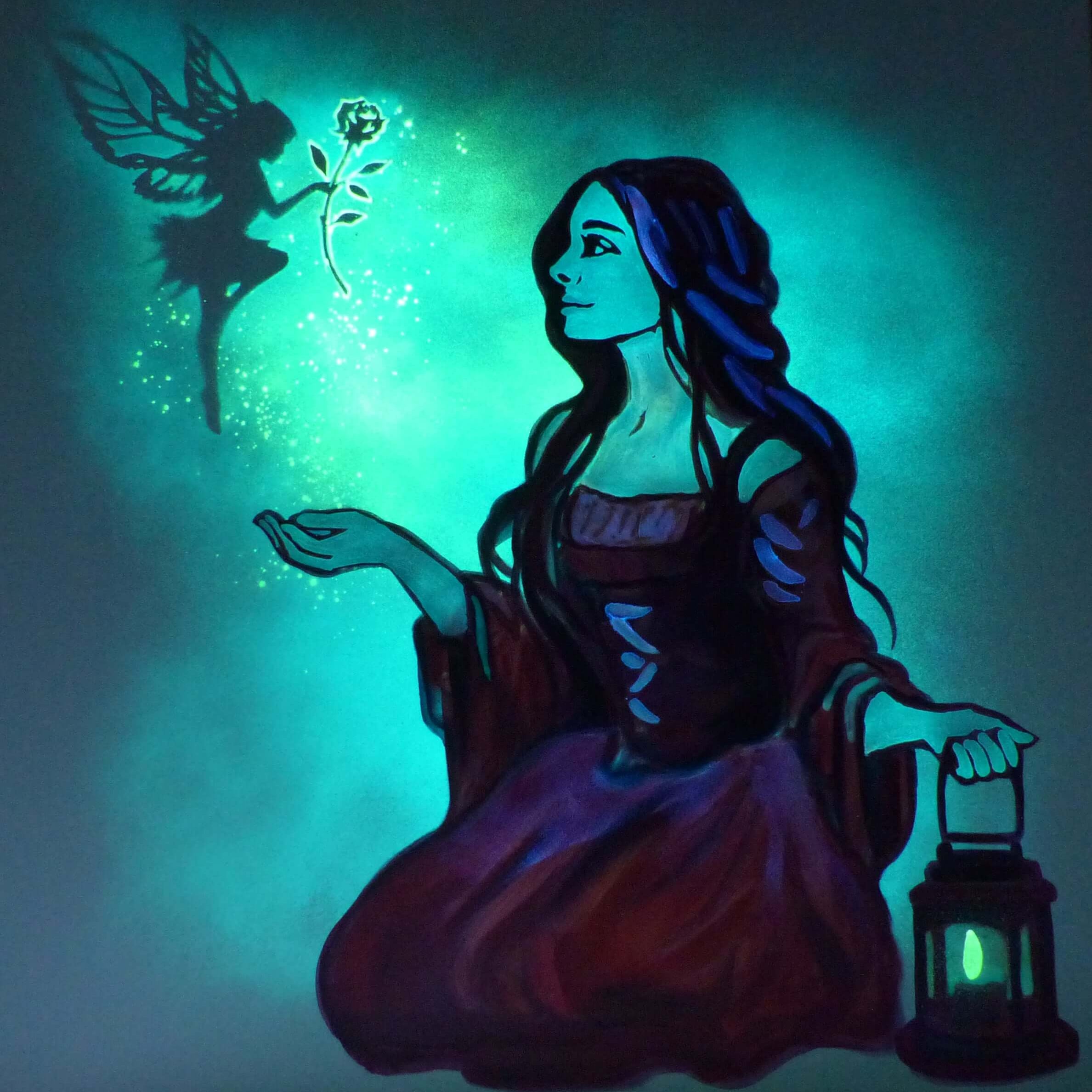 glowing fairy art, fairy giving girl a rose