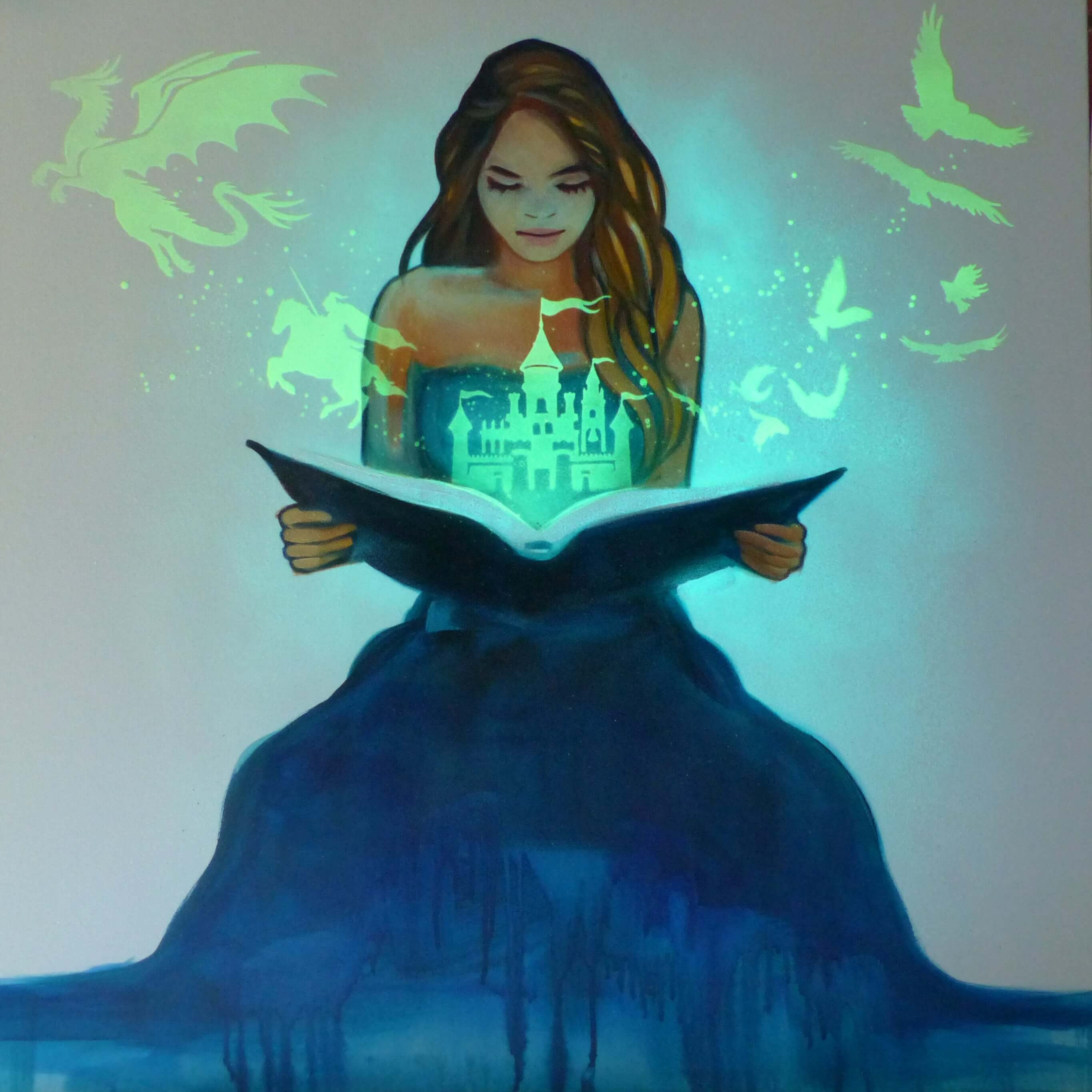 glow in the dark fantasy art of girl and story book