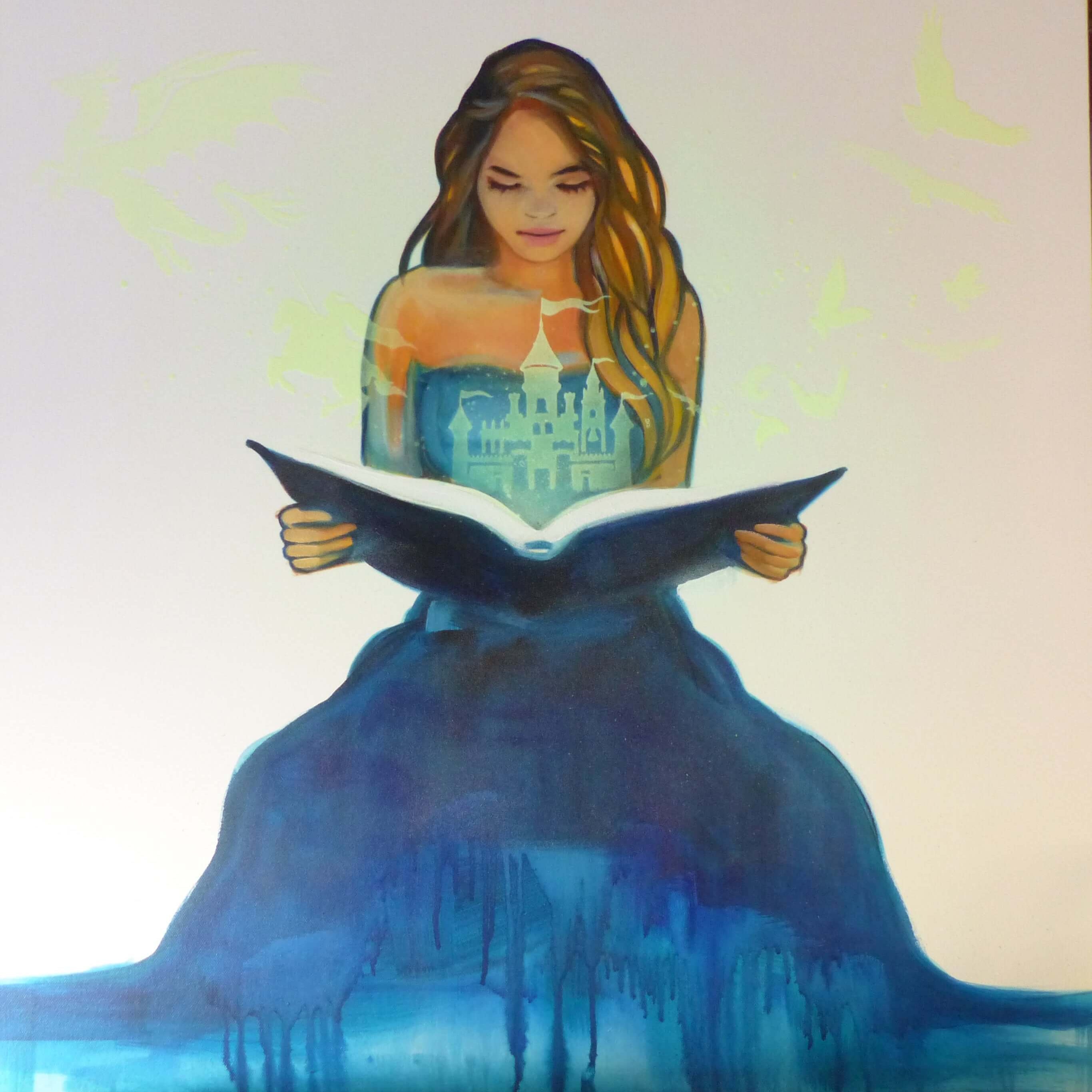 glow in the dark painting of girl and story book