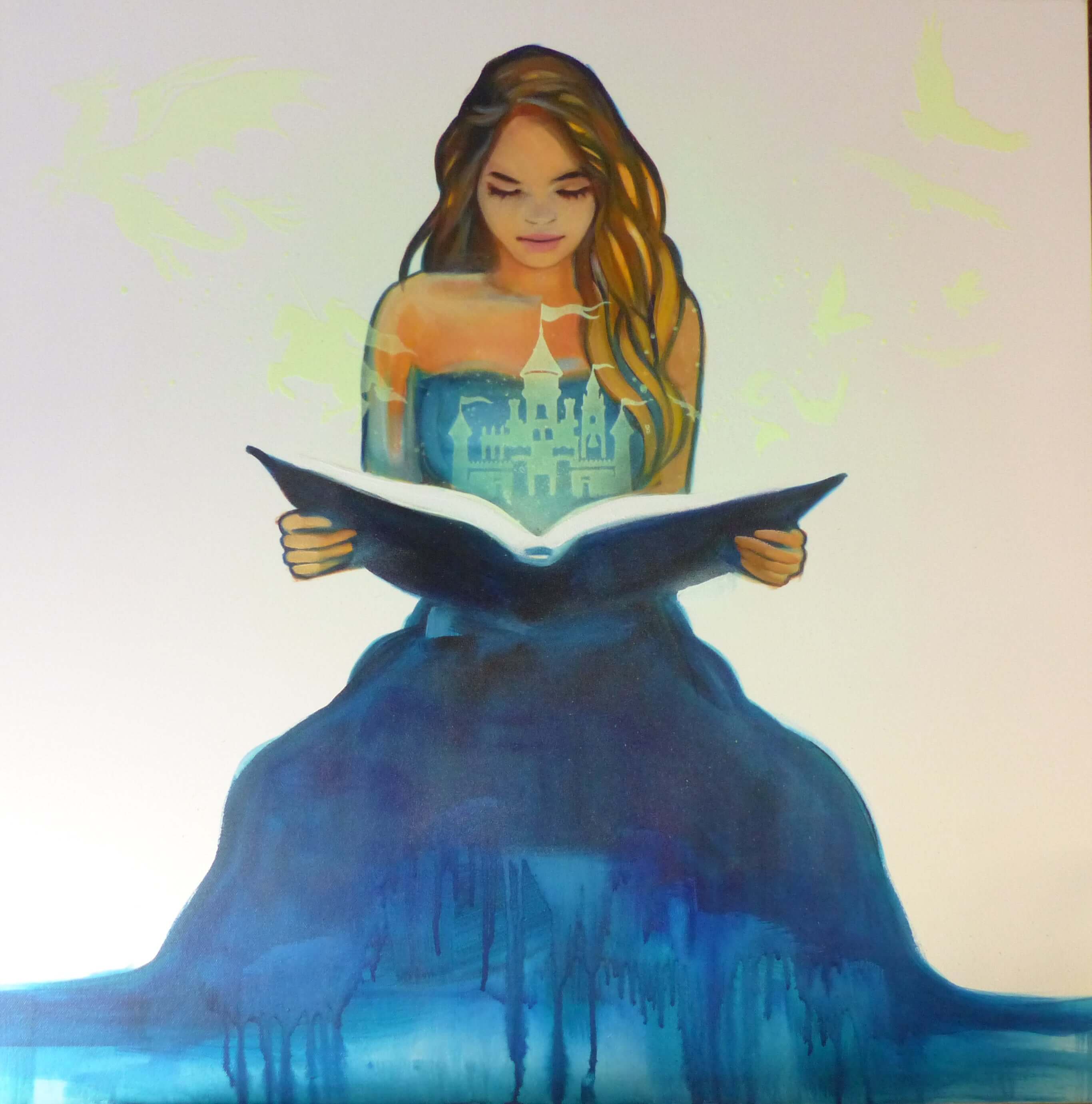 glow in the dark painting of girl and story book