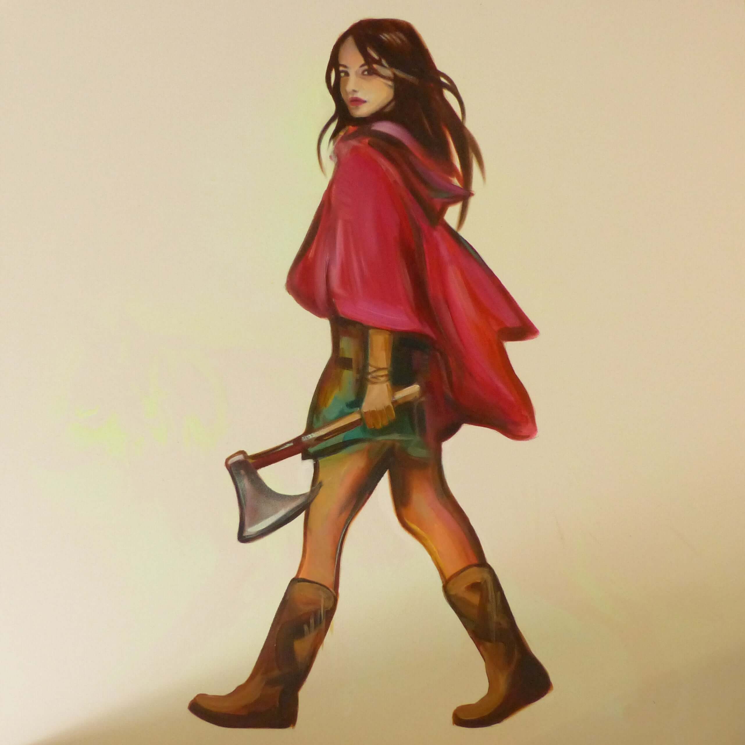 glow in the dark little red riding hood and brown boots holding an axe