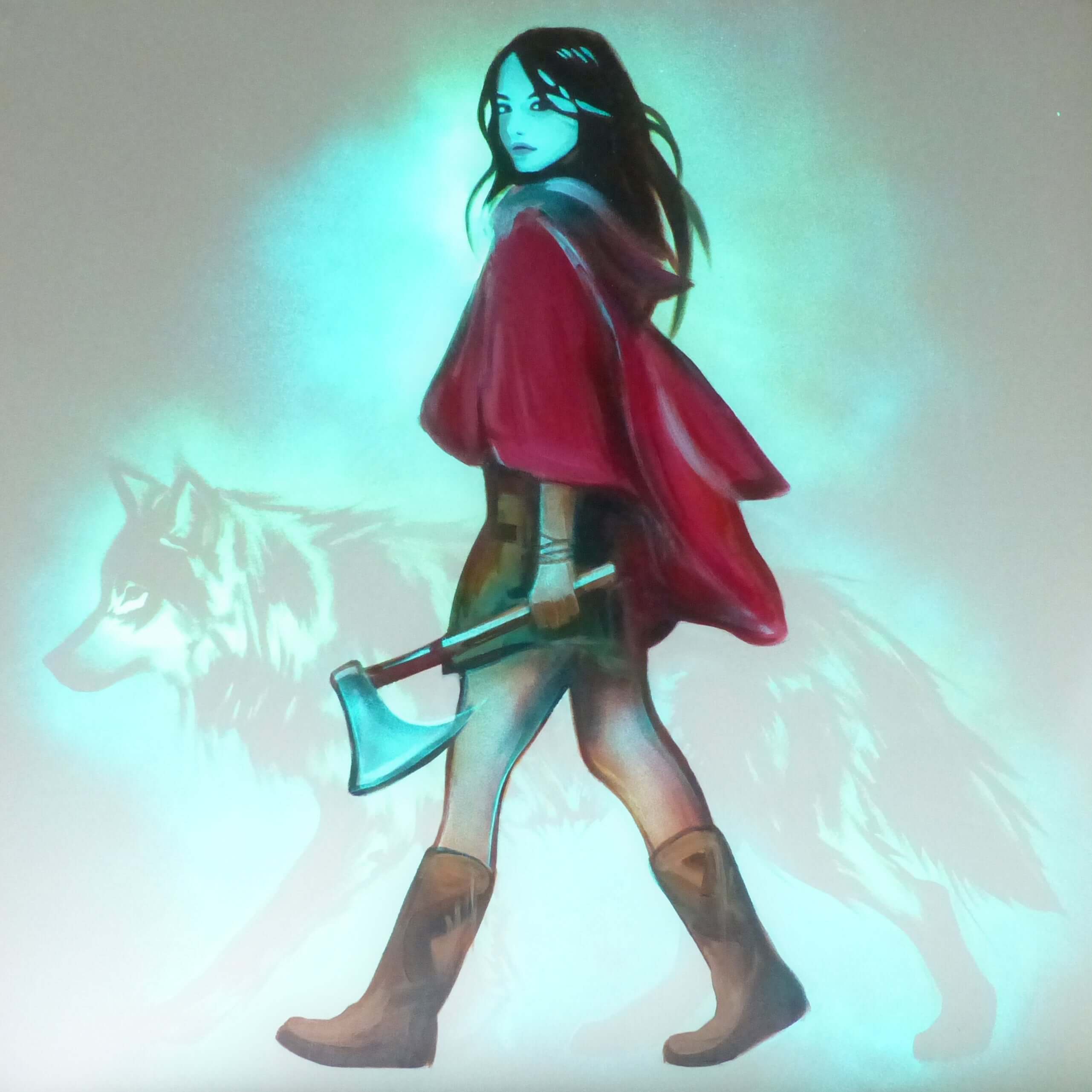glow in the dark little red riding hood holding an axe with a wolf in the background
