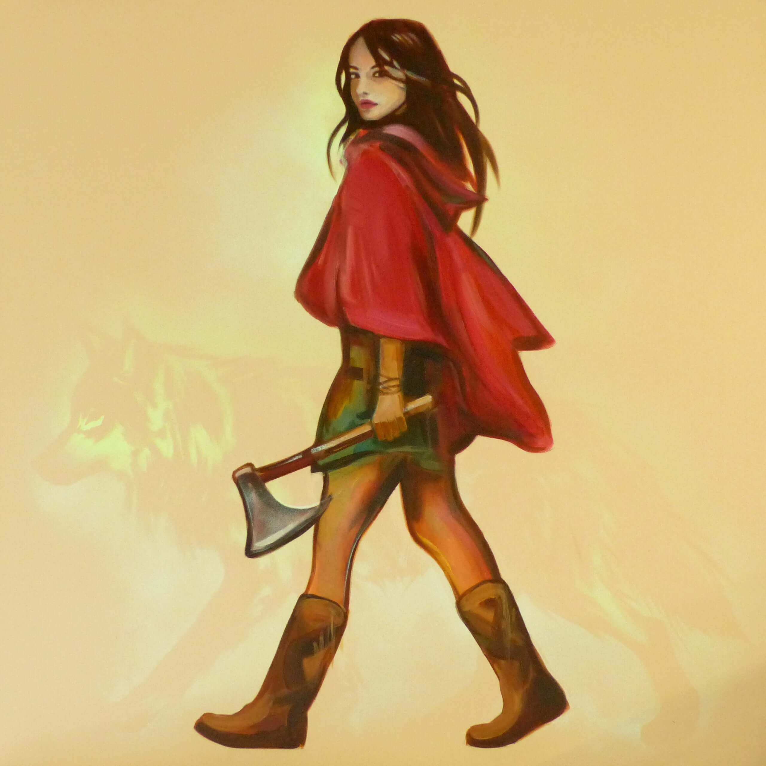 glow in the dark painting of  little red riding hood  holding an axe