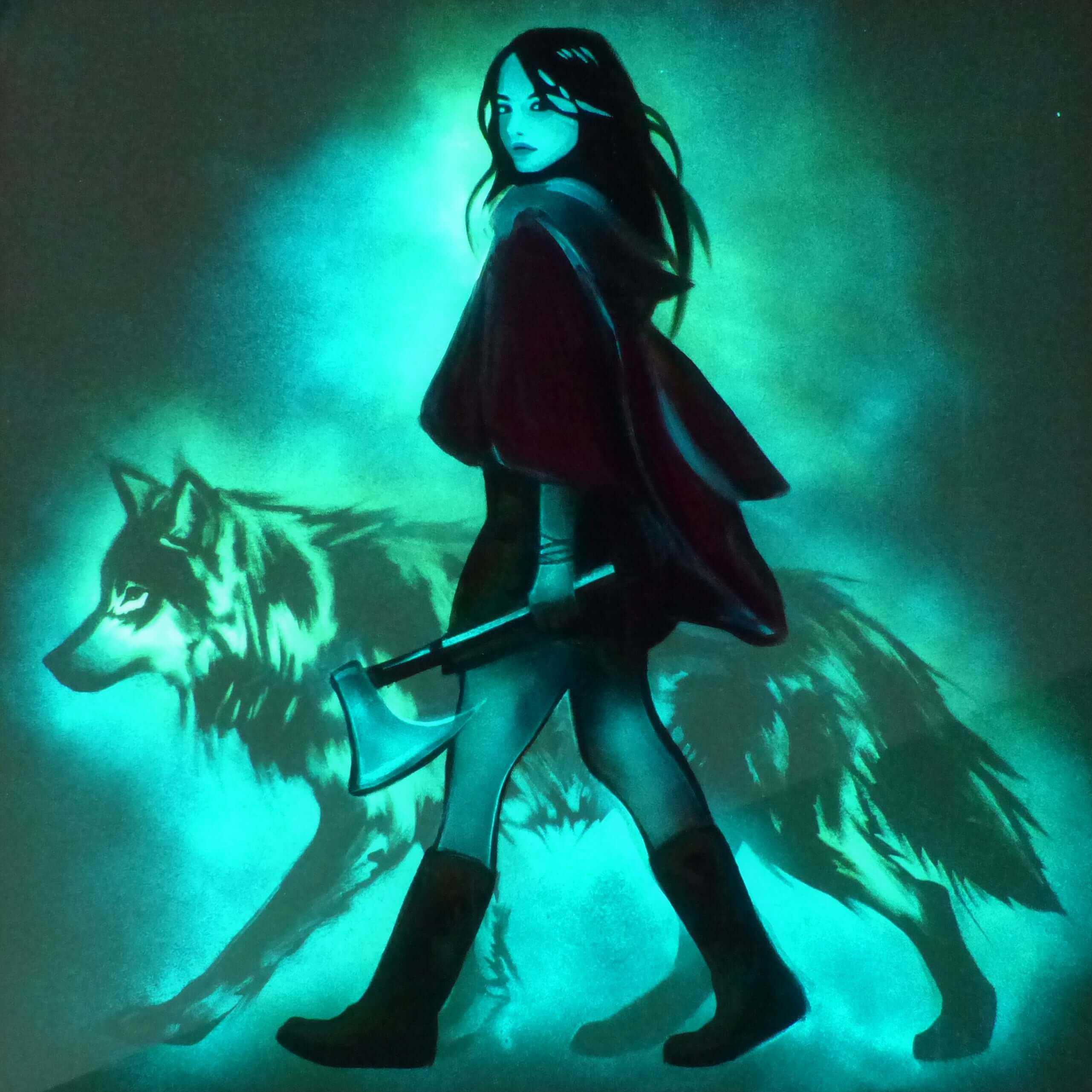 Glow in the dark Woman with a wolf and axe in a mystical green glow
