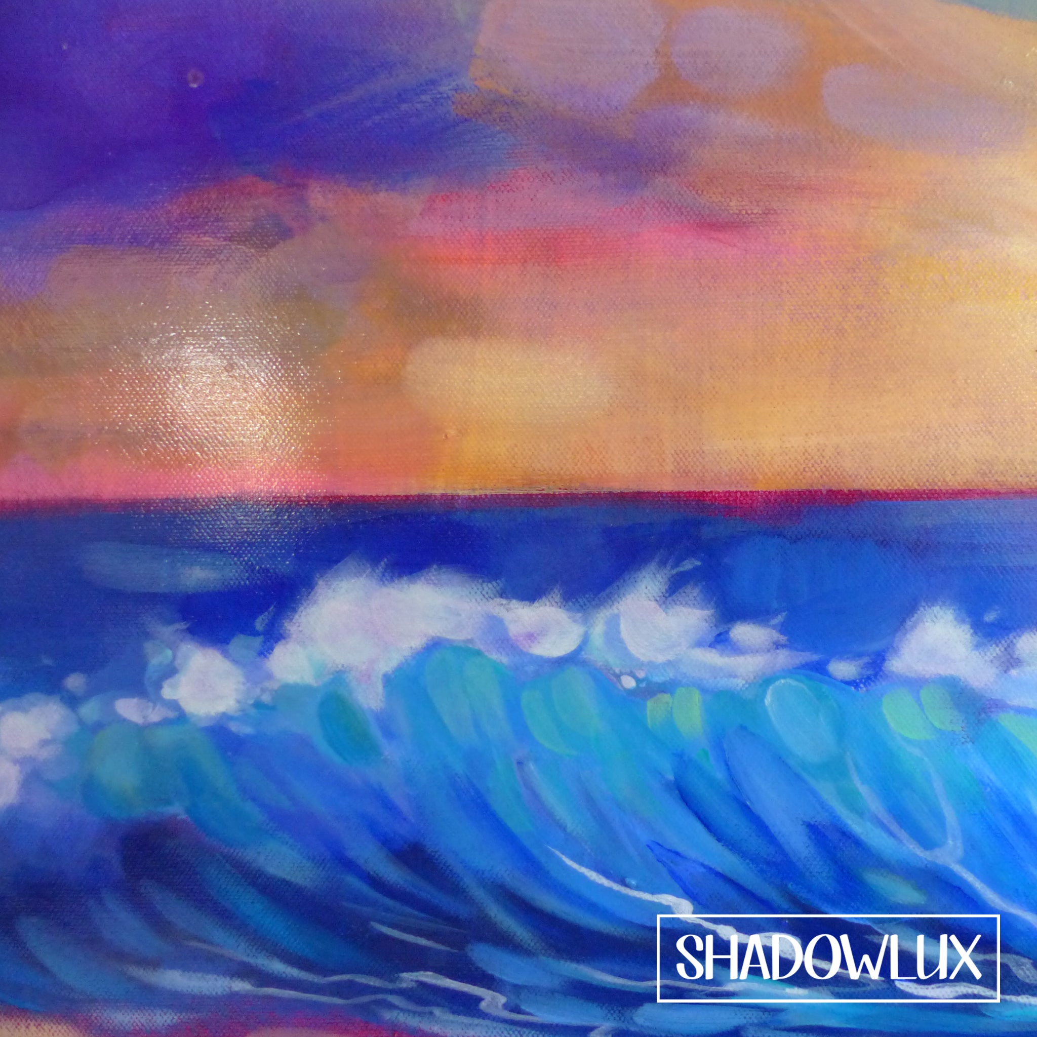 A vibrant painting featuring a sunset sky with deep blue and orange hues meeting the ocean with rolling waves, titled 'Lucent Drift' by SHADOWLUX.
