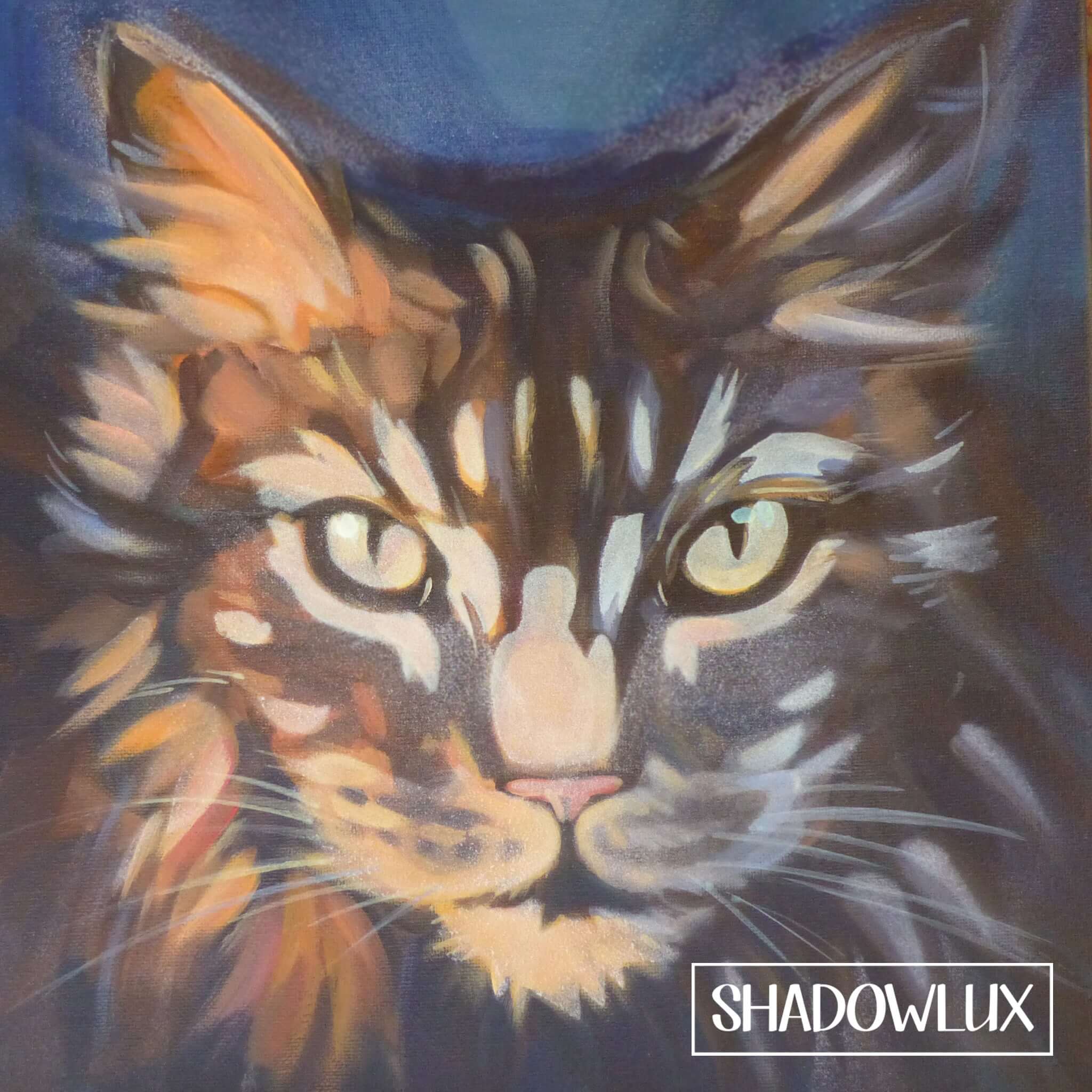 Maine Coon type cat artwork with rich fur and detailed markings in daytime, with layers of invisible glow paints for the night