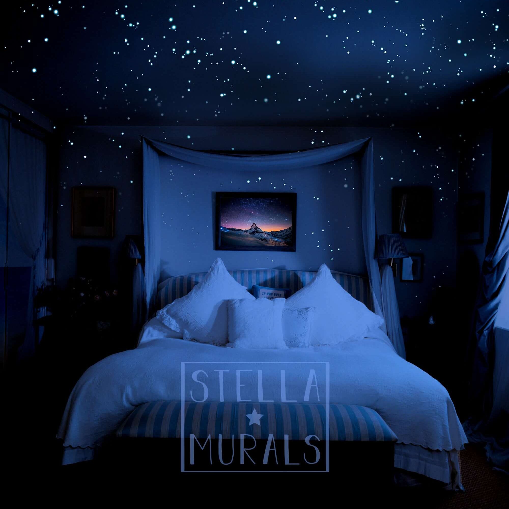 3D realistic glow star stickers, creating a long glowing starry night effect with their photoluminescent shine on the bedroom ceiling and walls, suitable for kids and adults