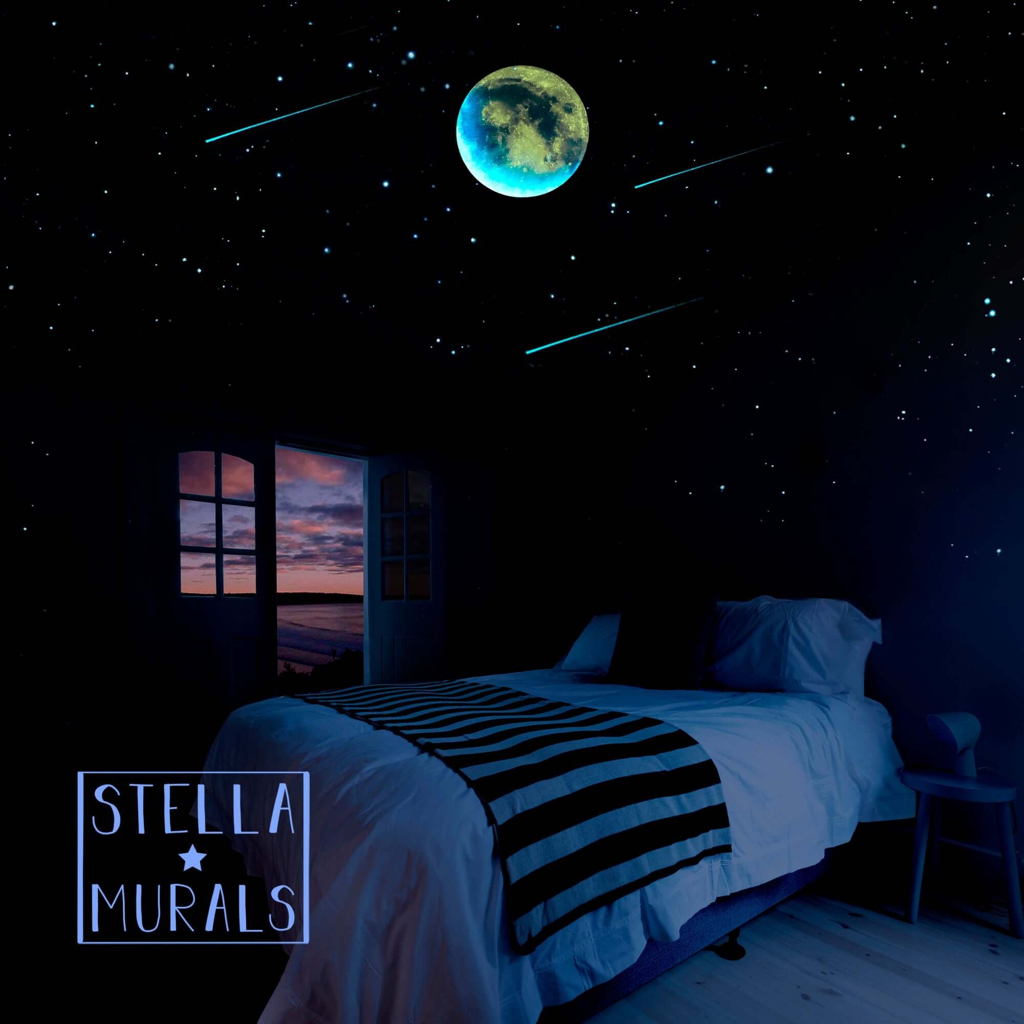 Glow in the dark moon for a starry night sky inspired room. Moon decals and 3D glow stars, black light photoluminescent star ceiling