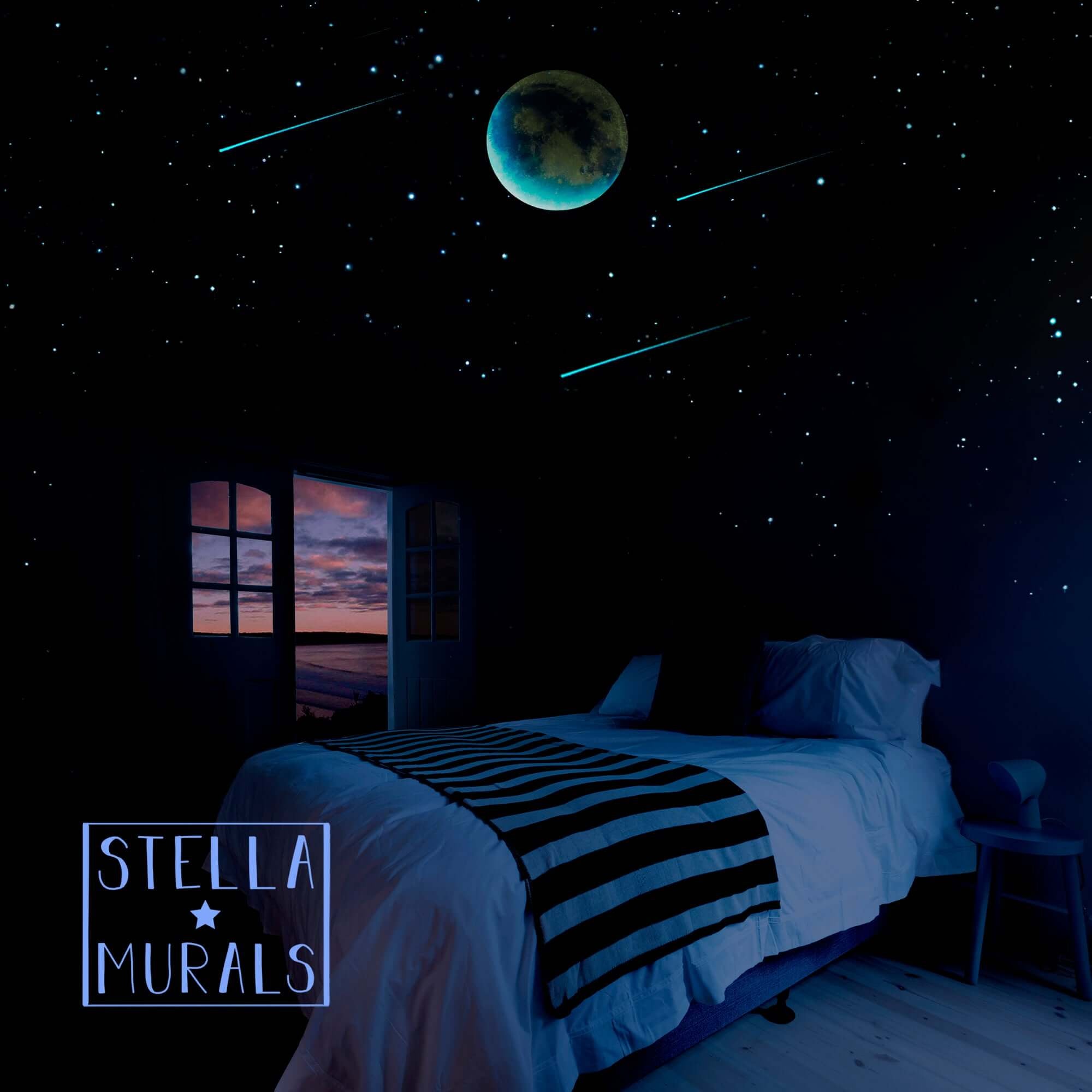 glow in the dark star ceiling with realistic luminescent stars. Glowing brightly at night in a beach vacation house