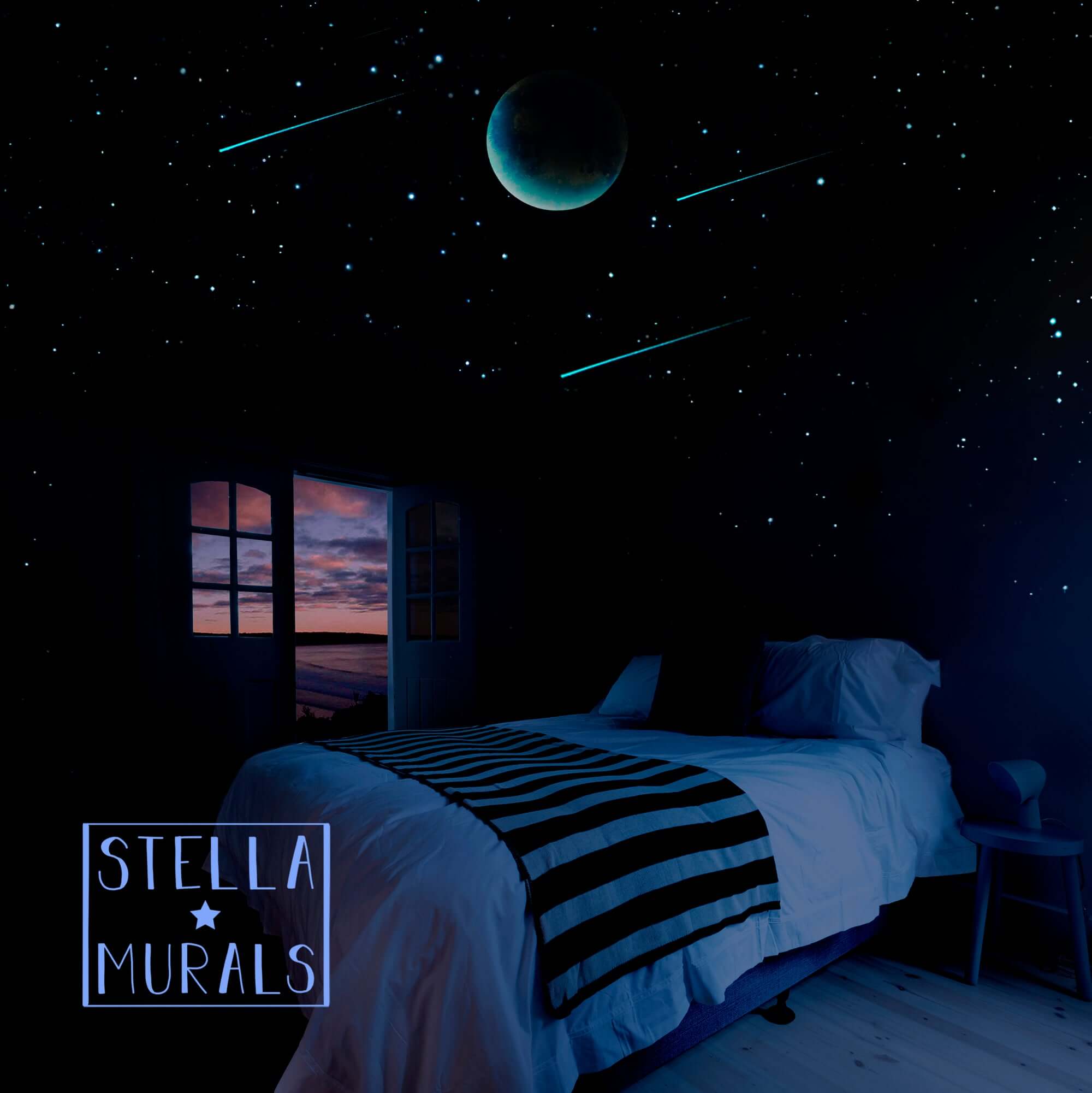 glow in the dark stars ceiling, moon has faded to a crescent moon. stars glow brightly all night, great for airbnb guest room.