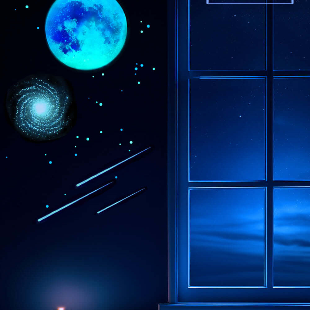 Glow in the dark ceiling with Moon, galaxy, star cluster and shooting stars. Bright full Moon beside window on wall with candle. 