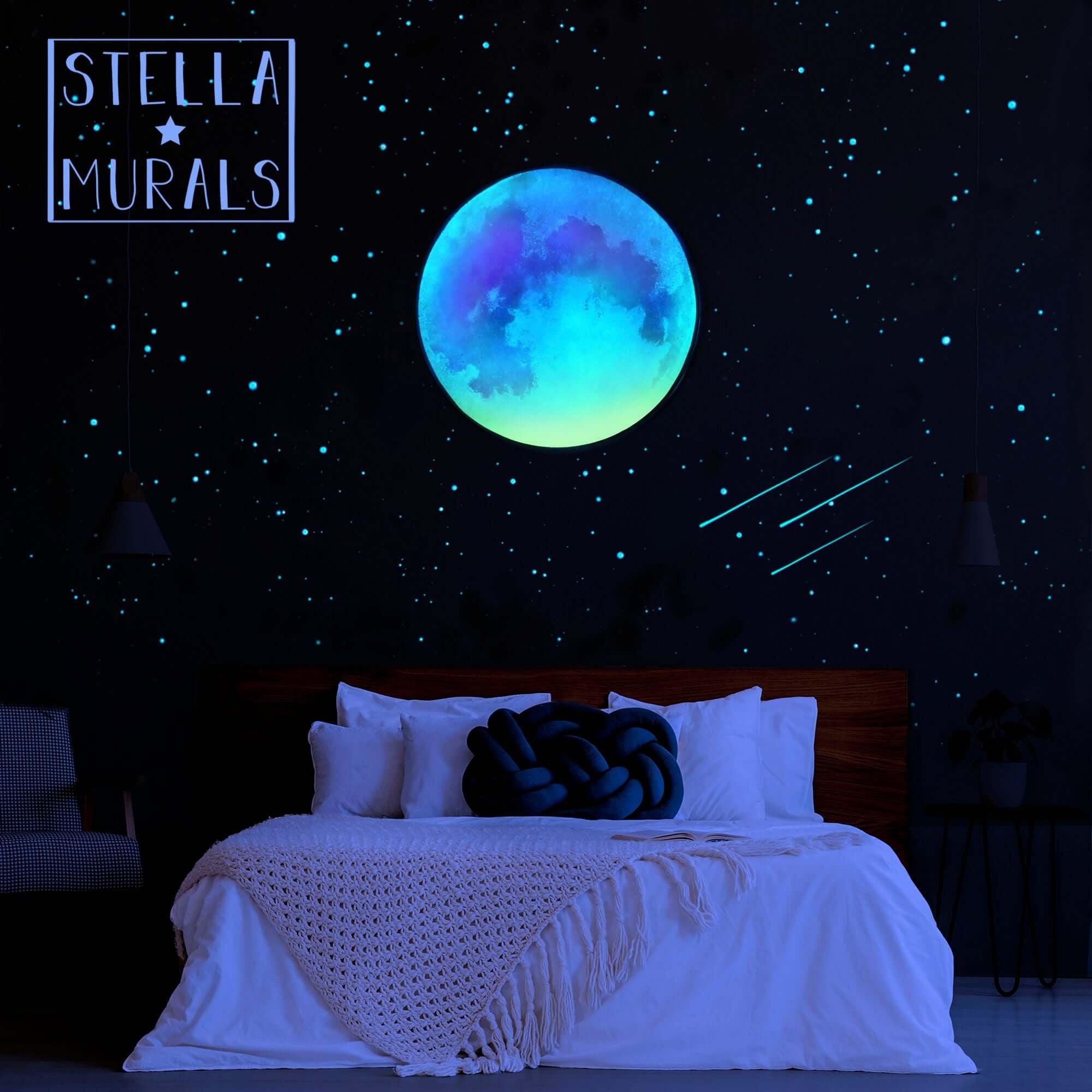 Glow in the dark Moon with 3D glow in the dark realistic stars.