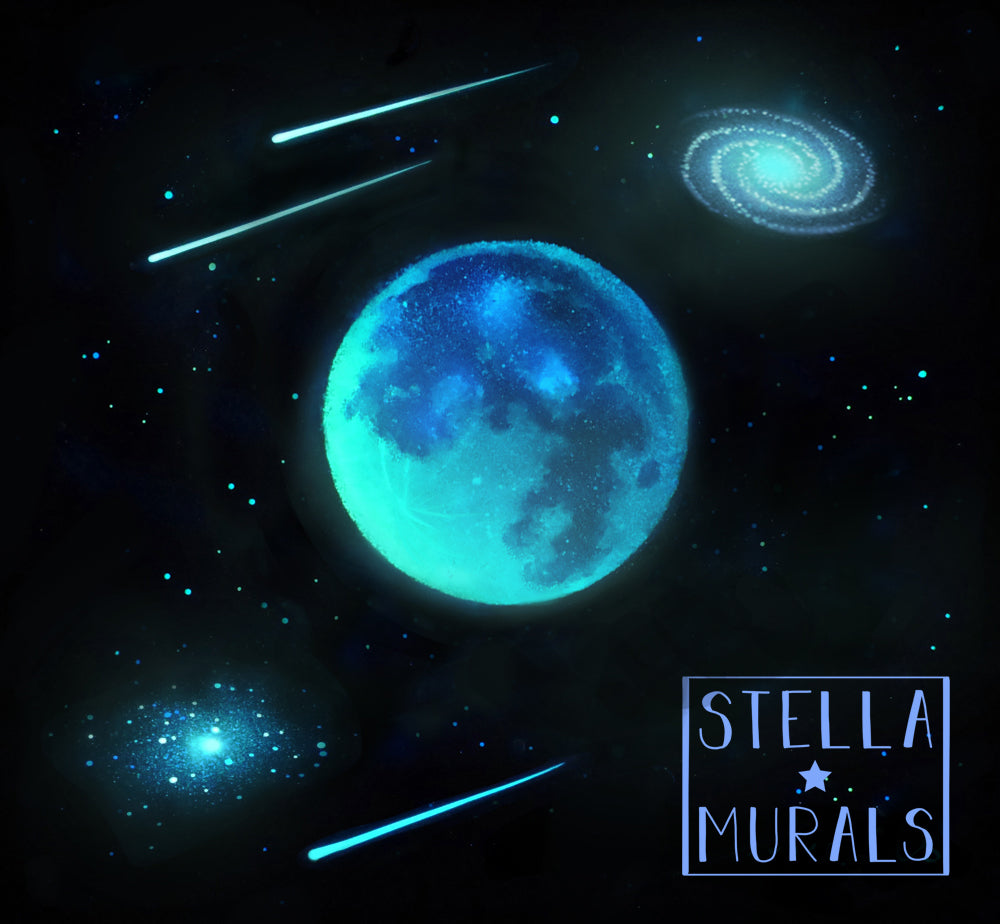 Moon sticker with spiral galaxy, stellar cluster and meteor streaks