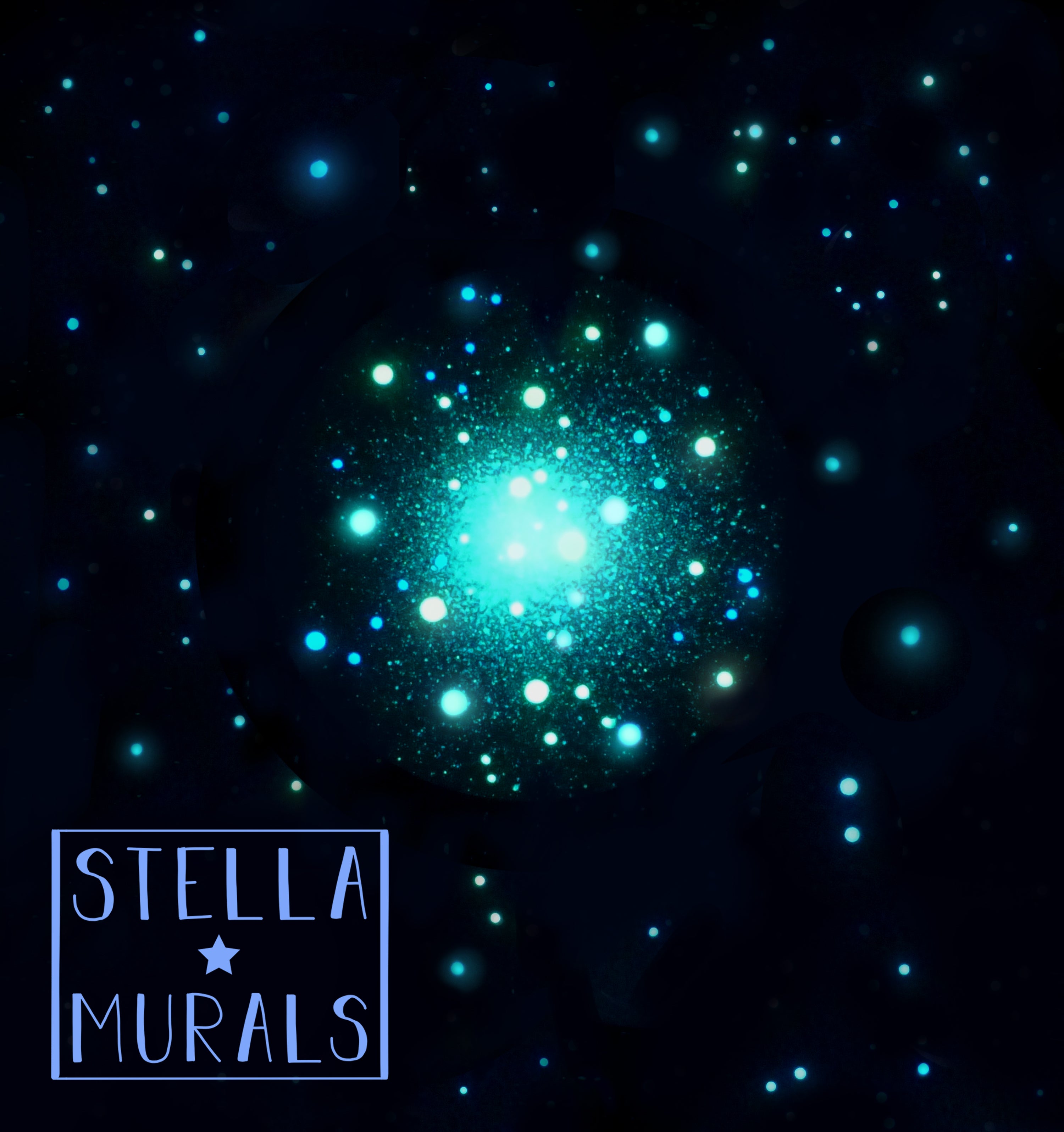 star cluster decal glowing with a blue nucleus. 