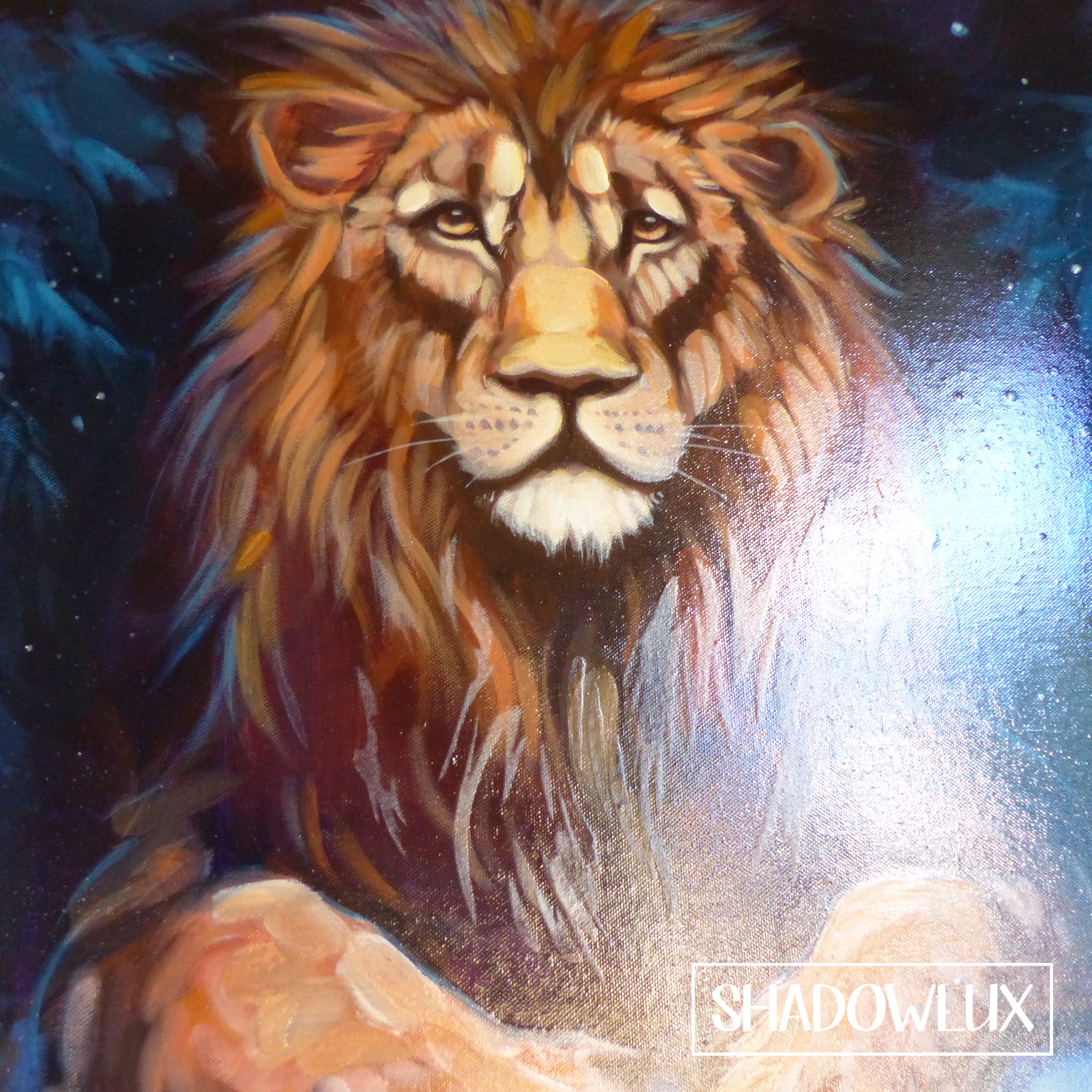 Artwork showing a lion resting on a rustic stone table surrounded by a blue forest in natural light
