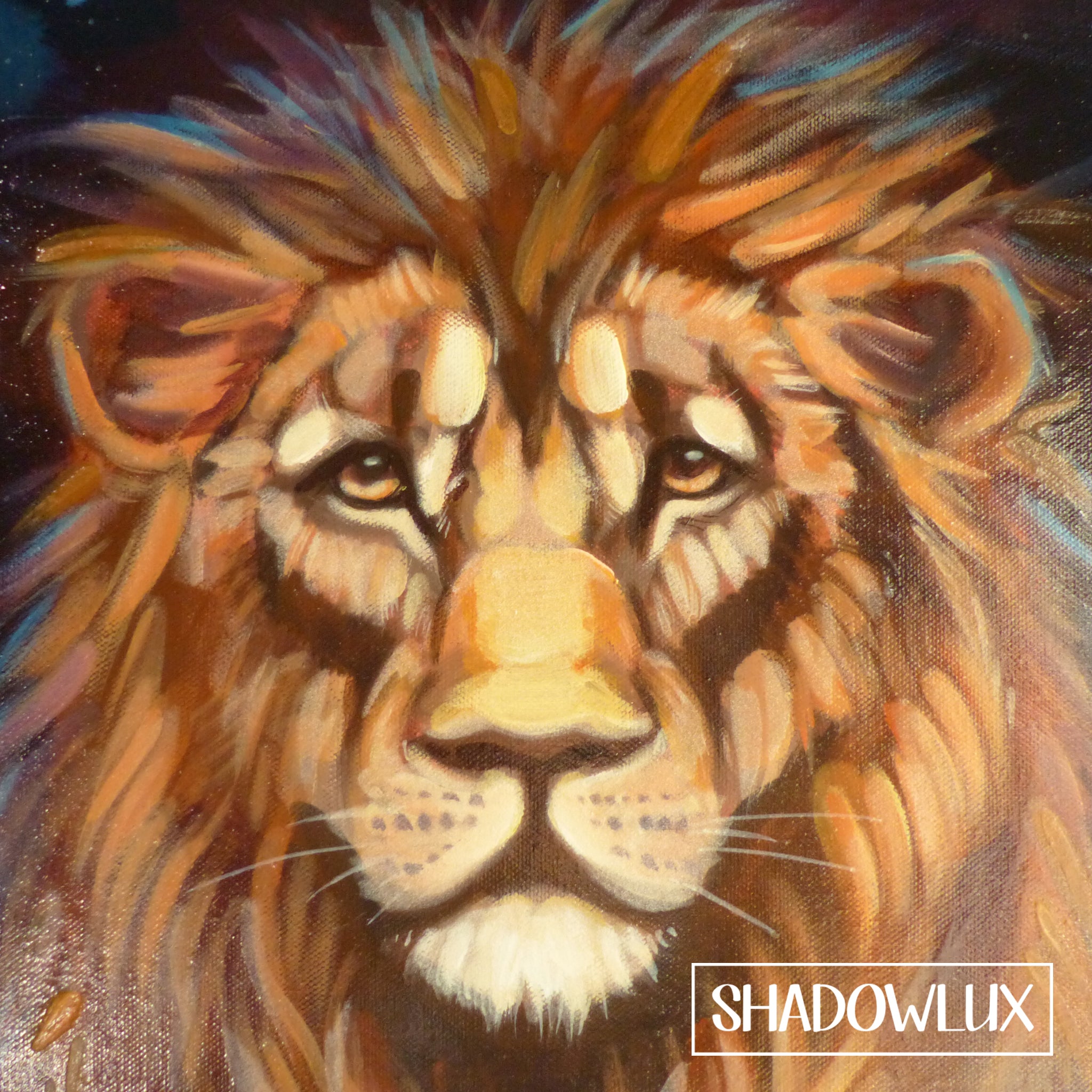 closeup daytime glow in the dark painting of a  lion lying on a stone table set against soft blue forest tones