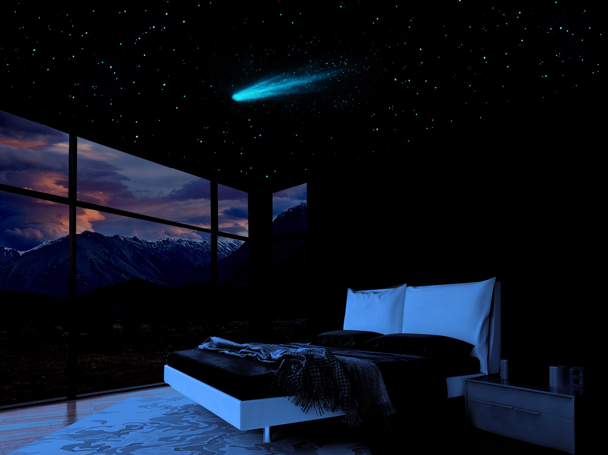 glow in the dark star ceiling with comet on bedroom ceiling. 