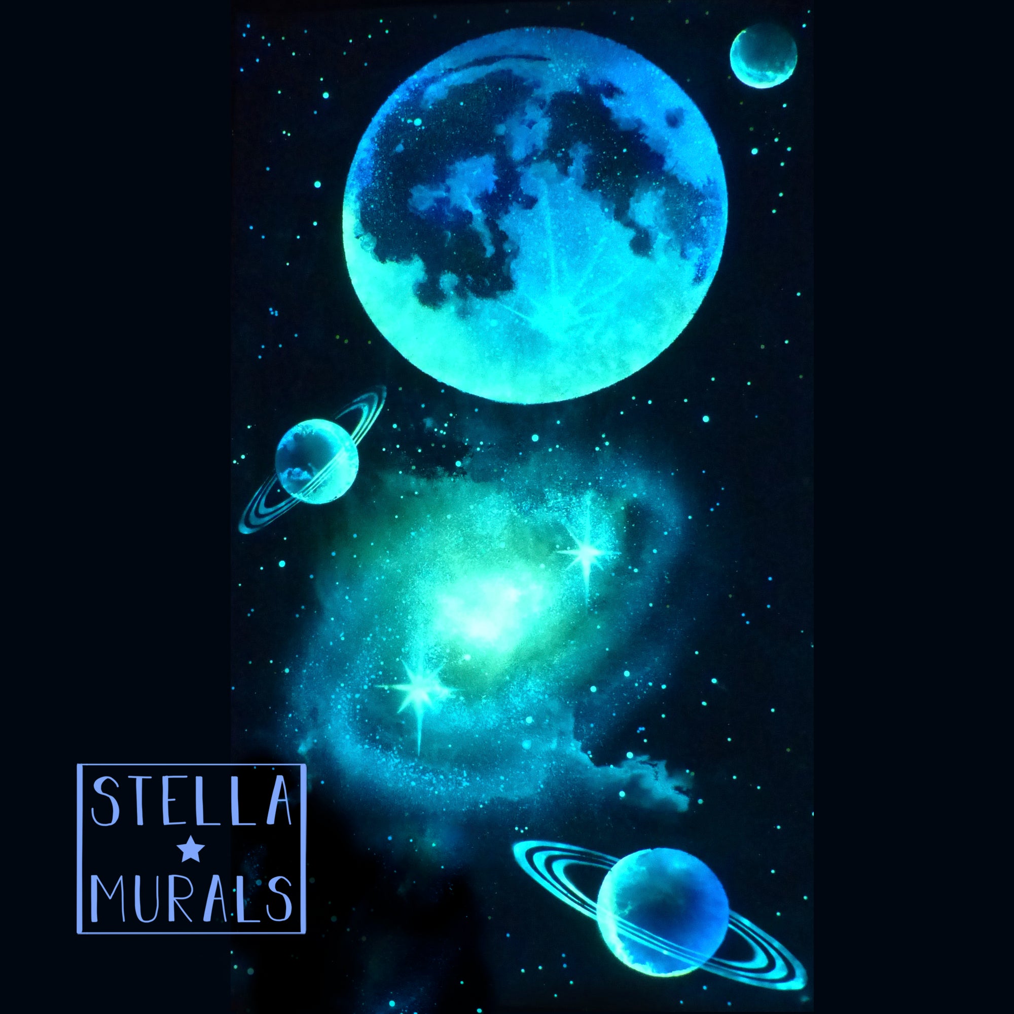 glow in the dark mural with spiral galaxy and large blue, green moon. Photo-luminescent art.