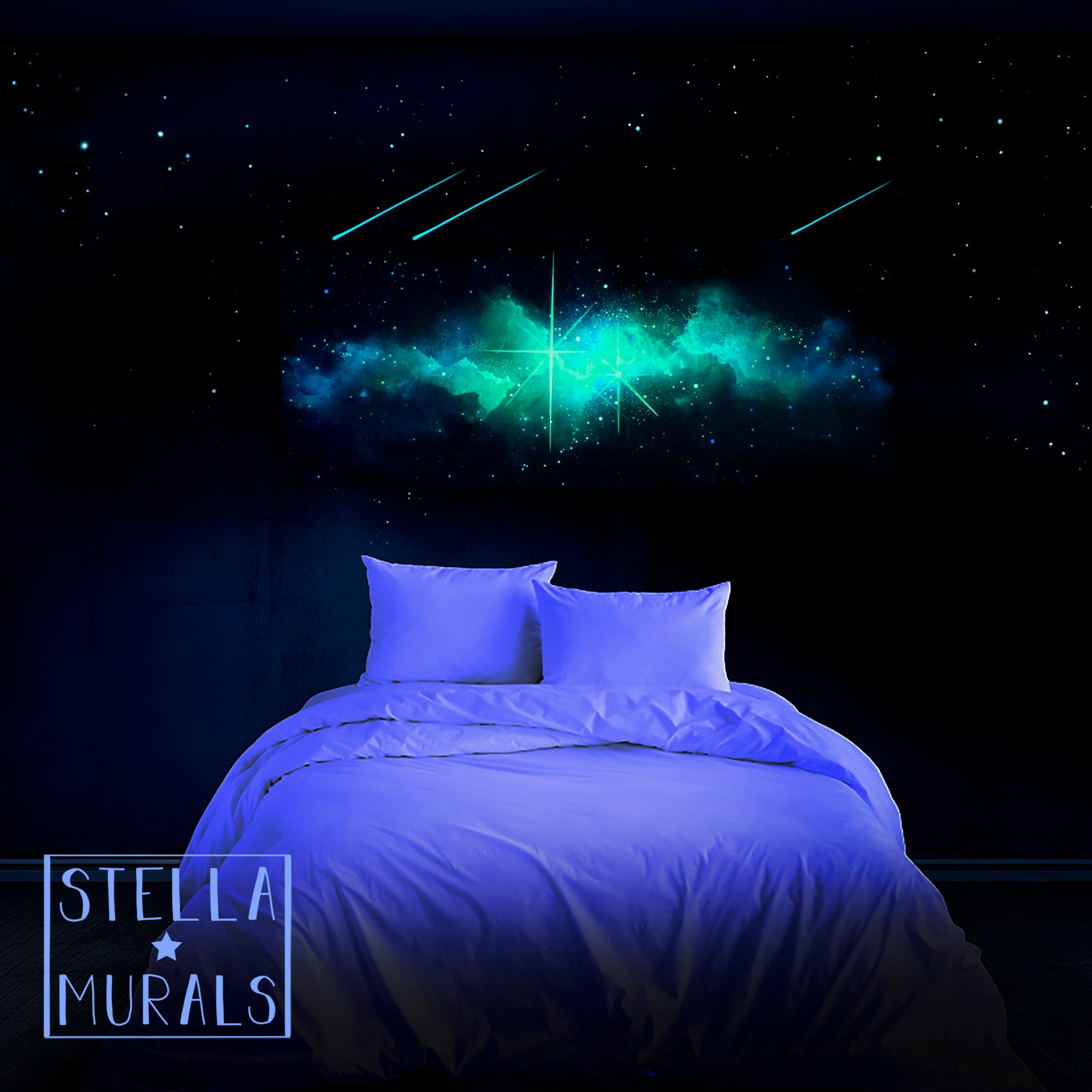Glow in the dark nebula wall sticker that has a milky way appearance, glowing on a bedroom wall