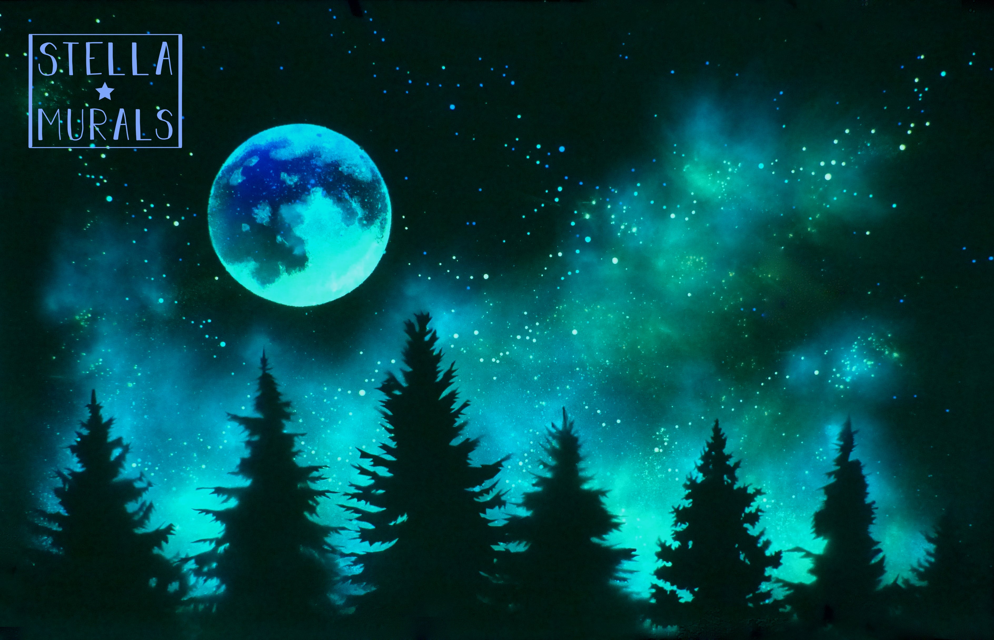 a glow in the dark night time scene of silhouetted trees in the dark