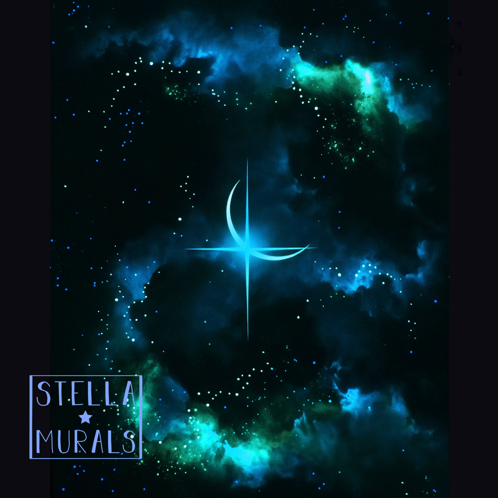 A glowing mural of crescent moon with star burst and misty patches with stars glowing. Photo-luminescent mural is charged with uv blacklight .