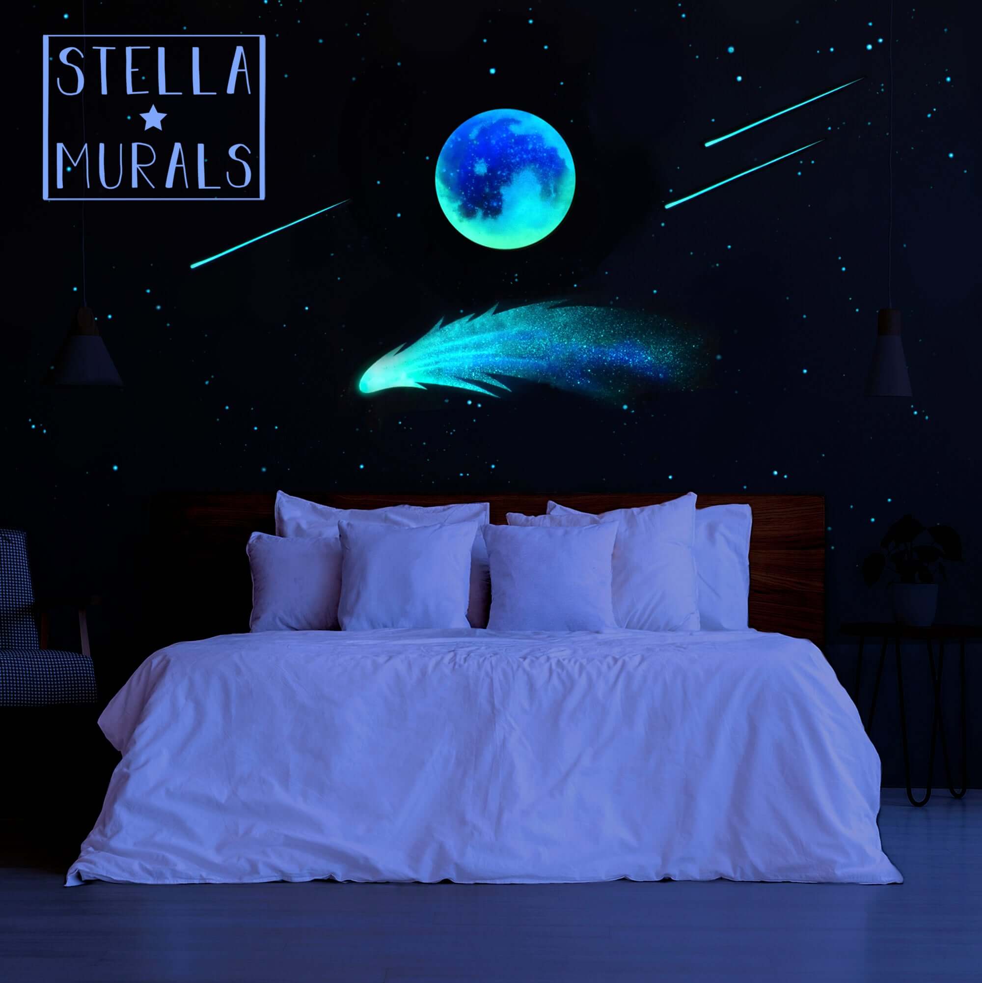 comet and moon and shooting star ceiling package for a dream star ceiling. These glow in the dark decals are applied to a bedroom wall and provide relax chill out time at night.