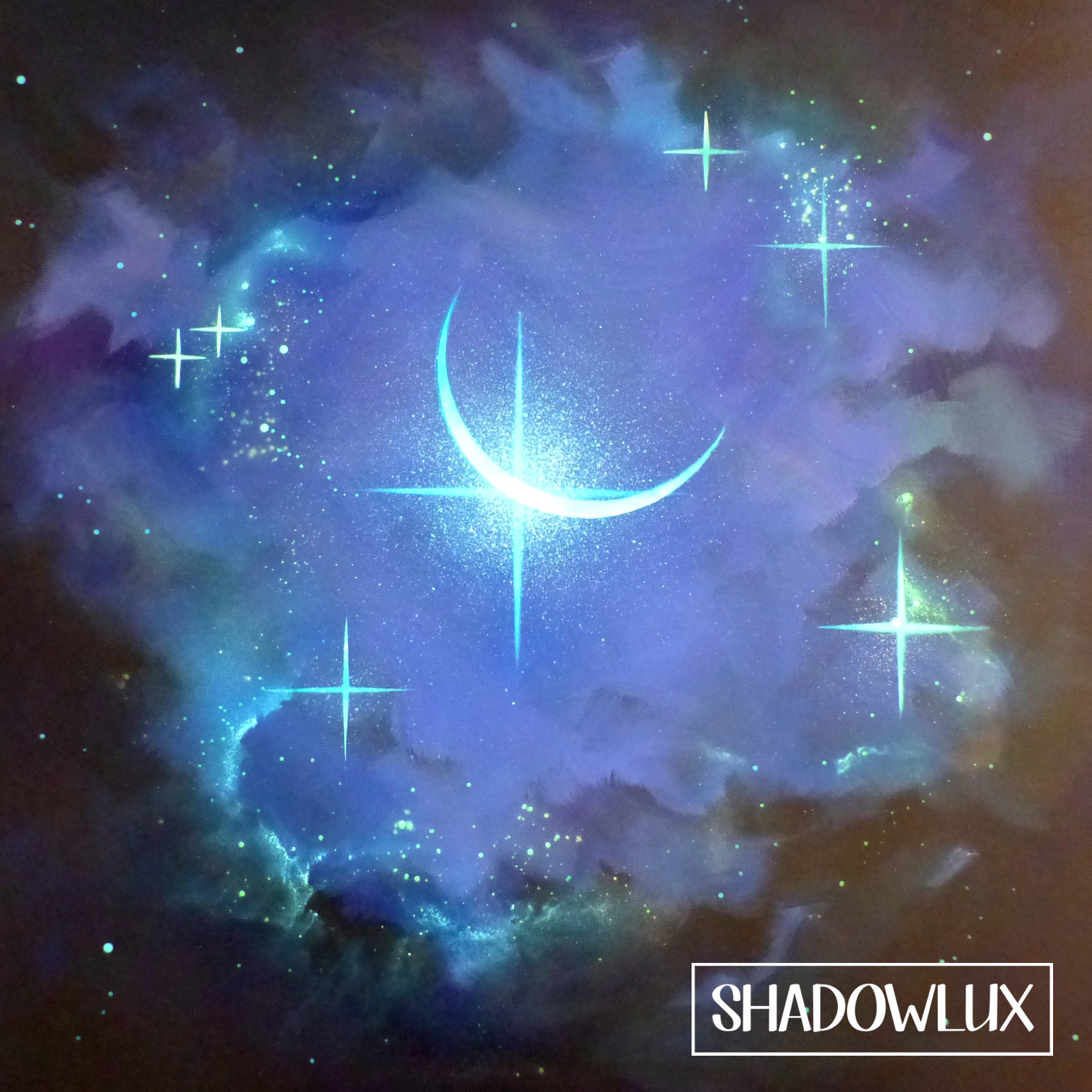 glow in the dark Crescent moon and starry sky artwork with blue tones and darker clouds framing the edges