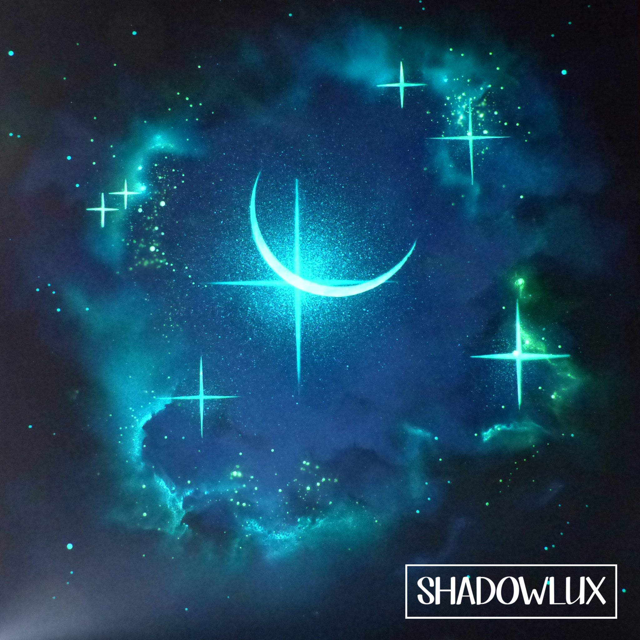Night sky artwork featuring a crescent moon and scattered stars with blue hues and shadowy cloud edges