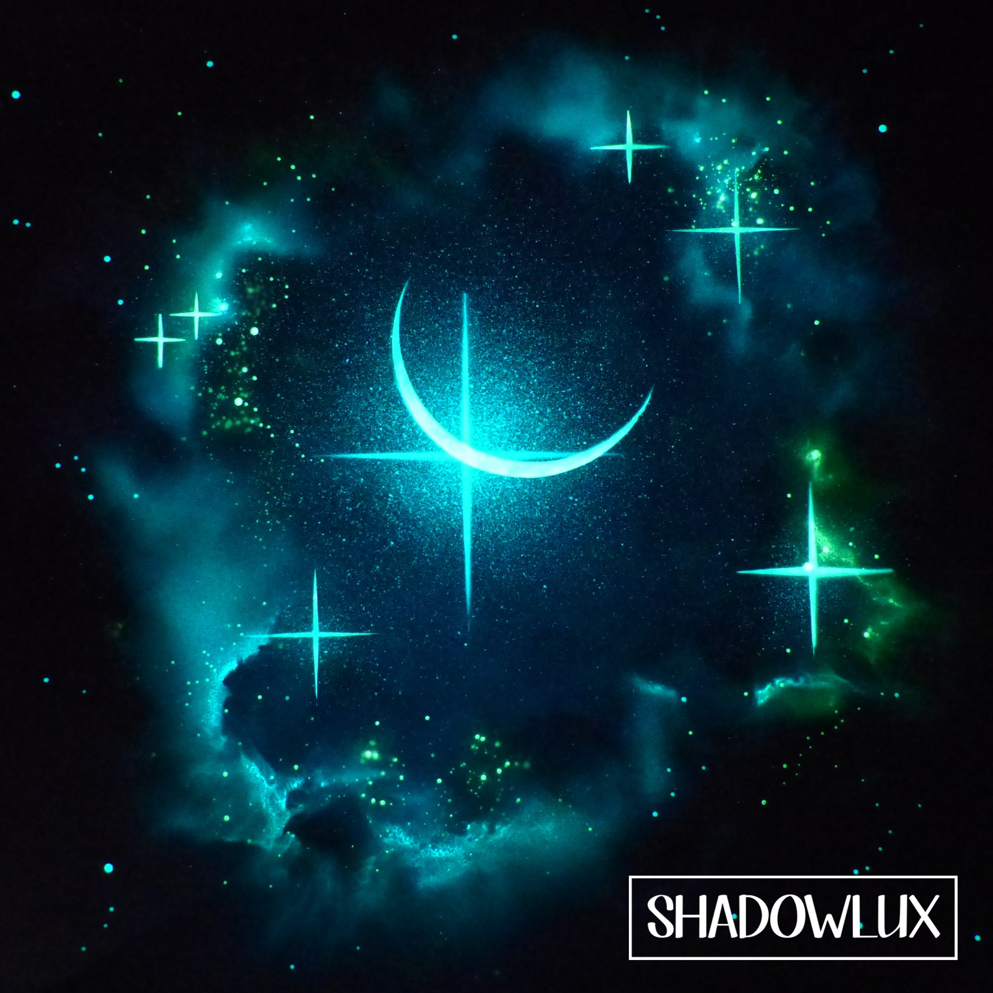 Crescent moon artwork with glowing stars against a blue night sky, with darker clouds around the outer edges