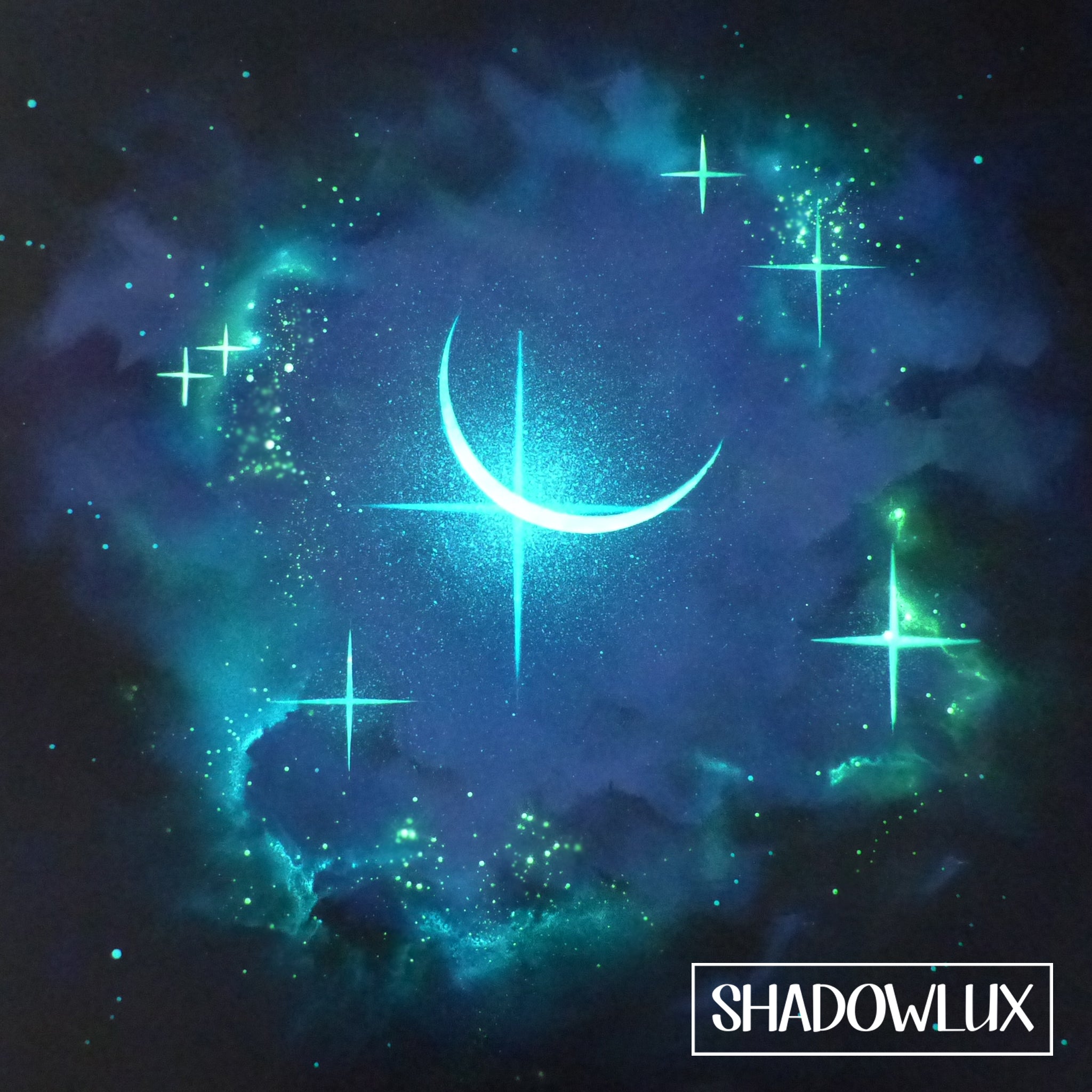 Artwork of a glowing crescent moon with small stars, blue tones in the sky, and dark clouds along the border