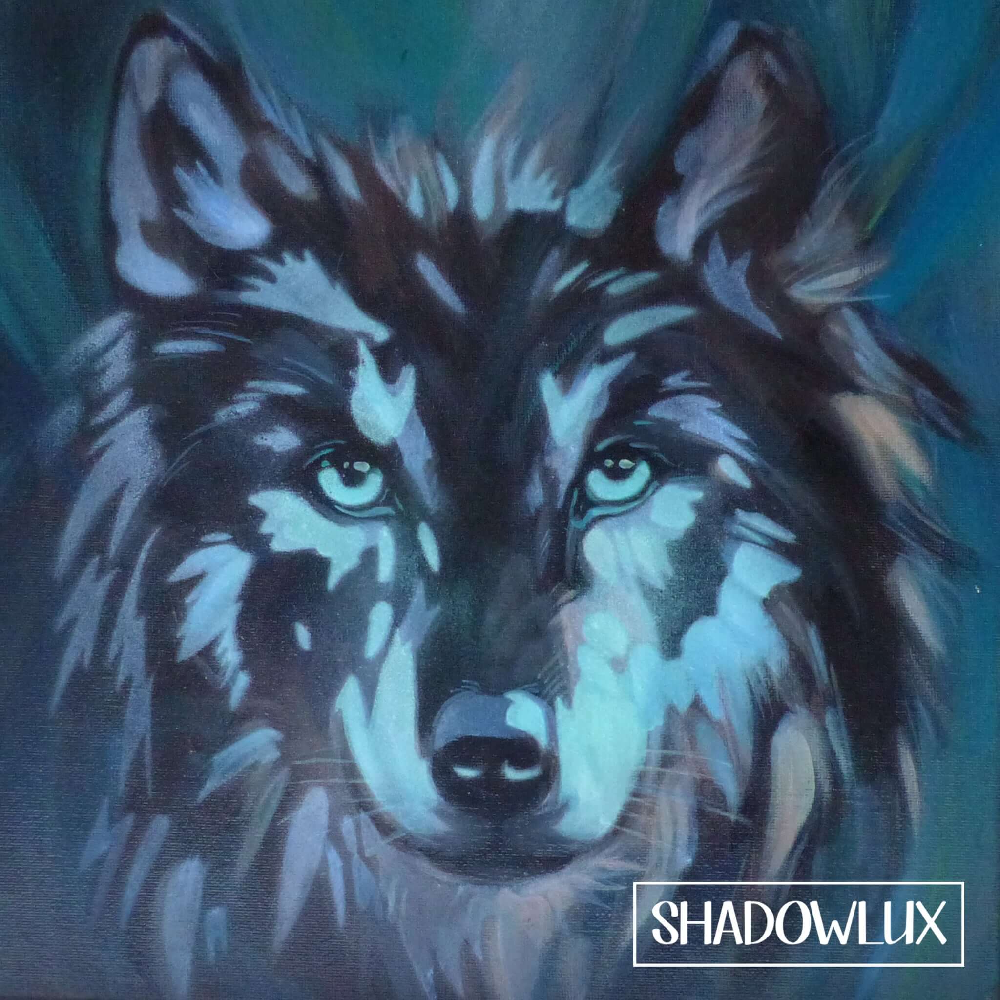 Glowing night painting of a wolf with blue illumination highlighting its fur and eyes