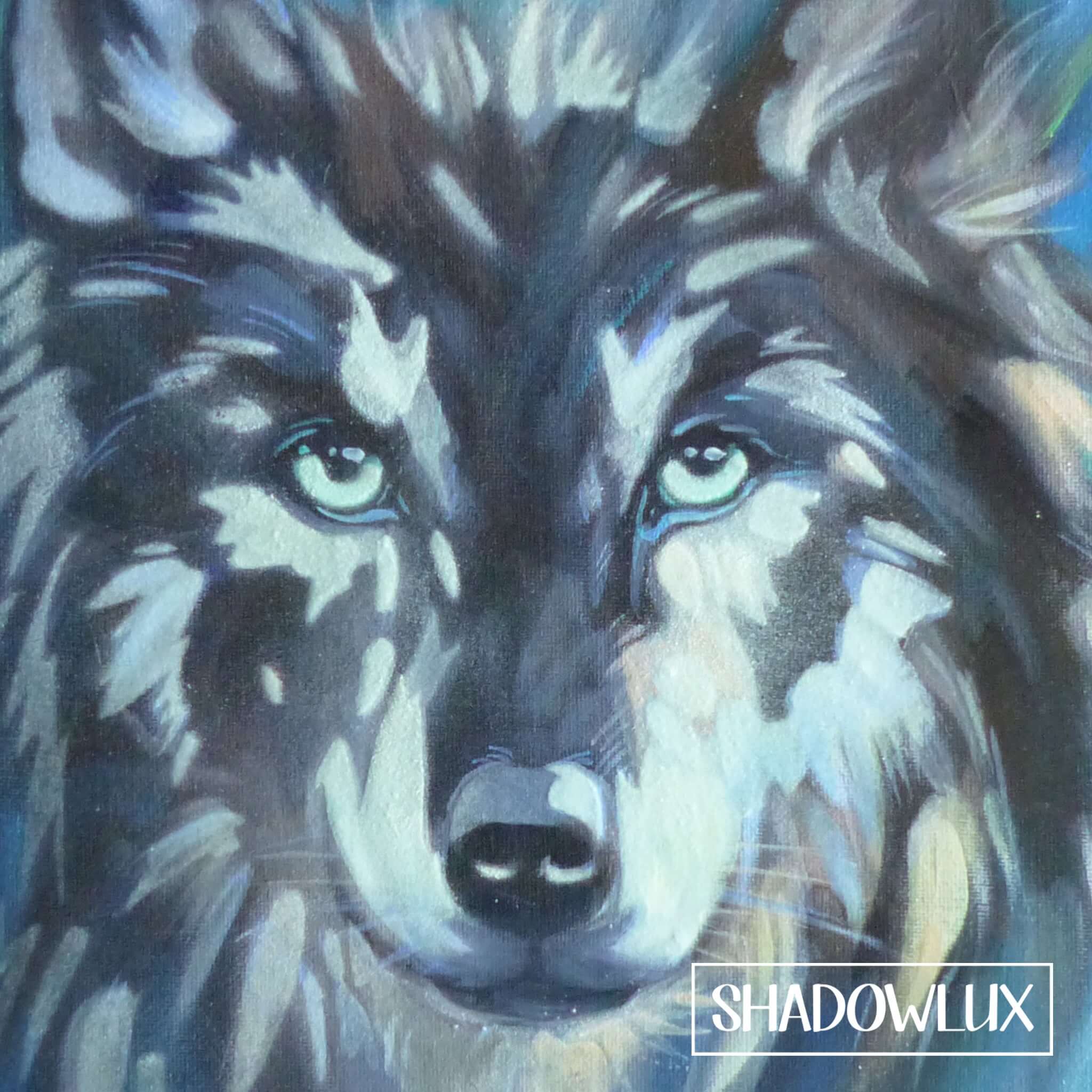 Painting of a wolf in brown and green tones, painted in layers of invisible glow paint for subtle night effects