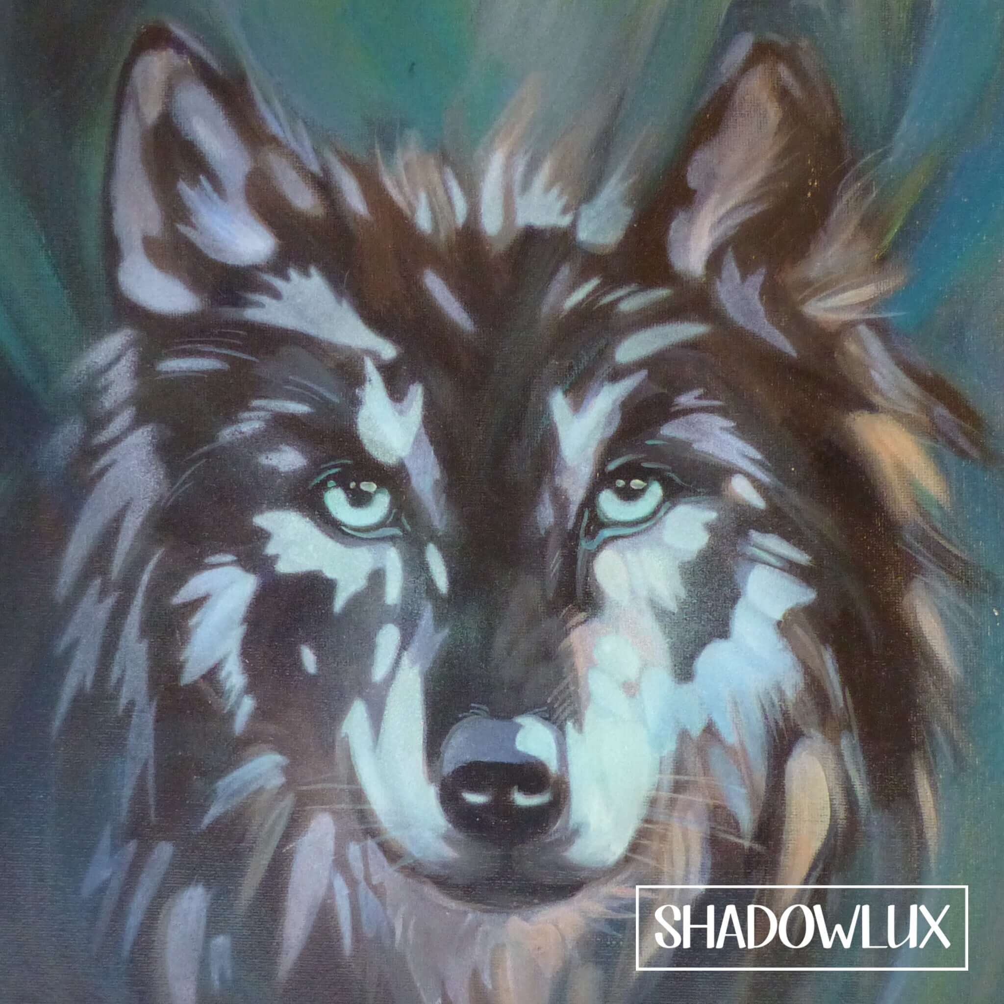 Artwork depicting a wolf in earthy green and brown colors, illuminated by daylight.