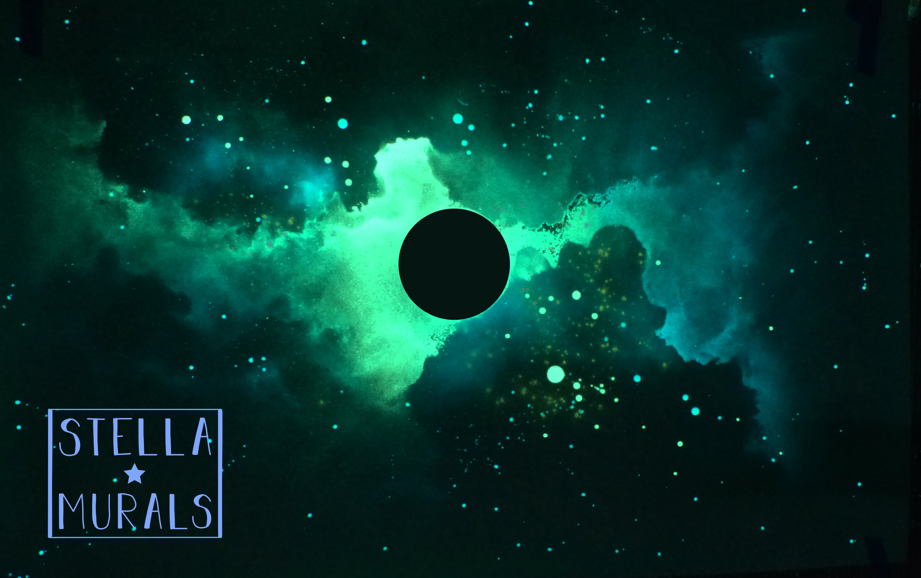 Glow in the dark black hole with green and blue nebula swirling around it. Glow stars surround the nebula. 