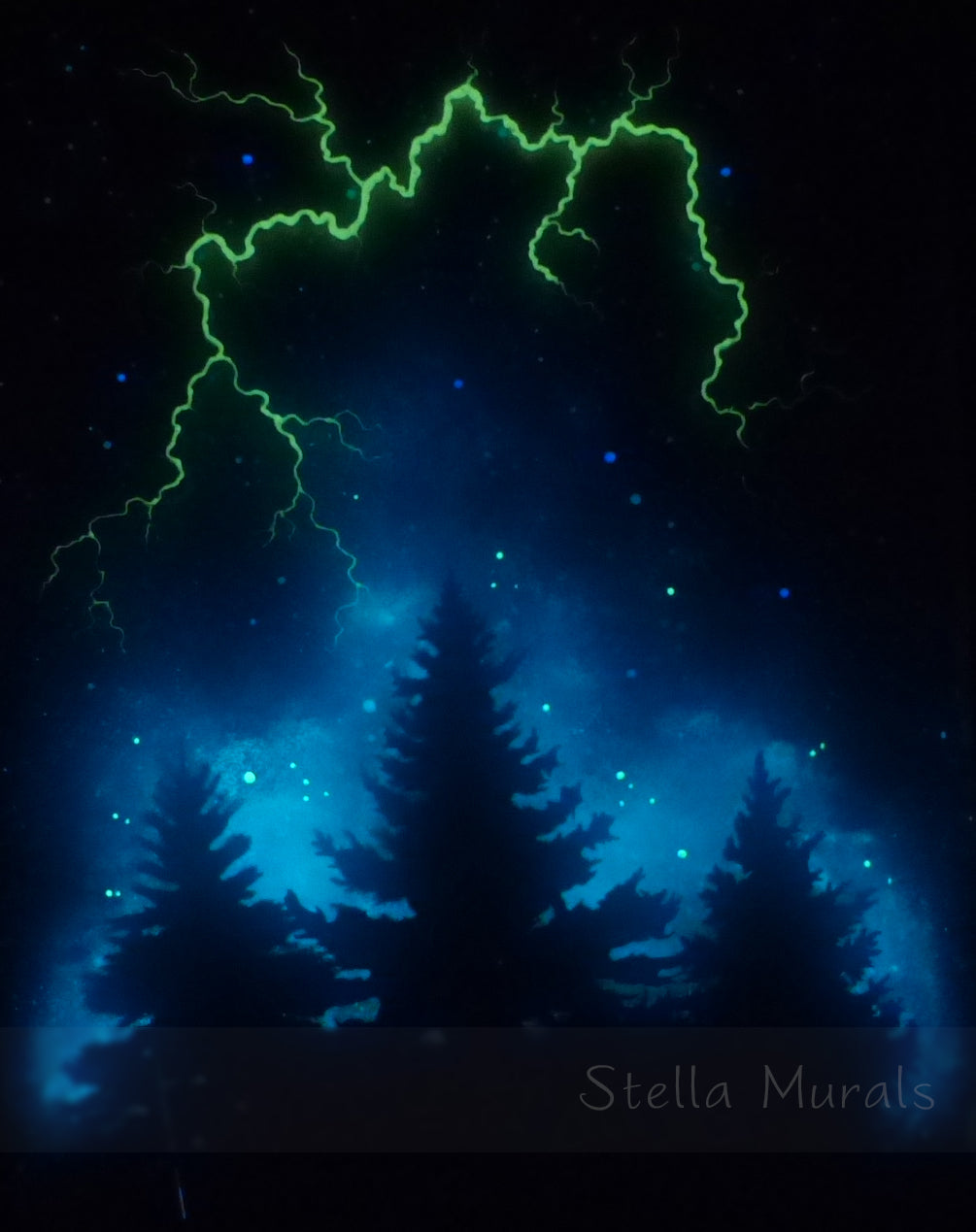 A glow-in-the-dark wall mural featuring a dynamic scene of trees silhouetted against a luminescent night sky. Lightning bolts illuminate the darkness, creating a display of nature's power.